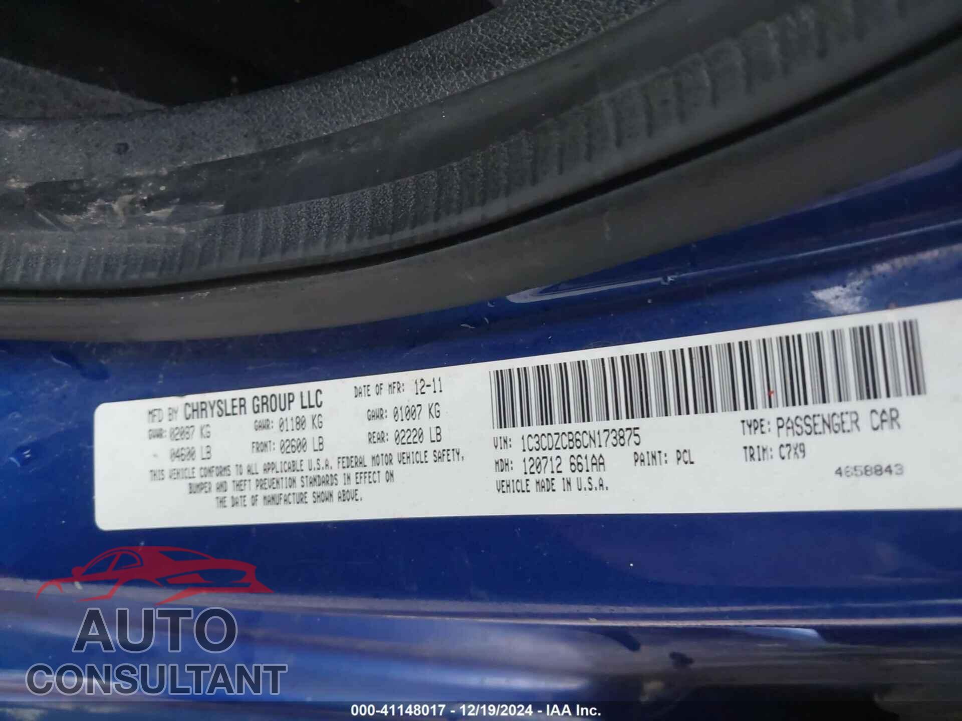 DODGE AVENGER 2012 - 1C3CDZCB6CN173875