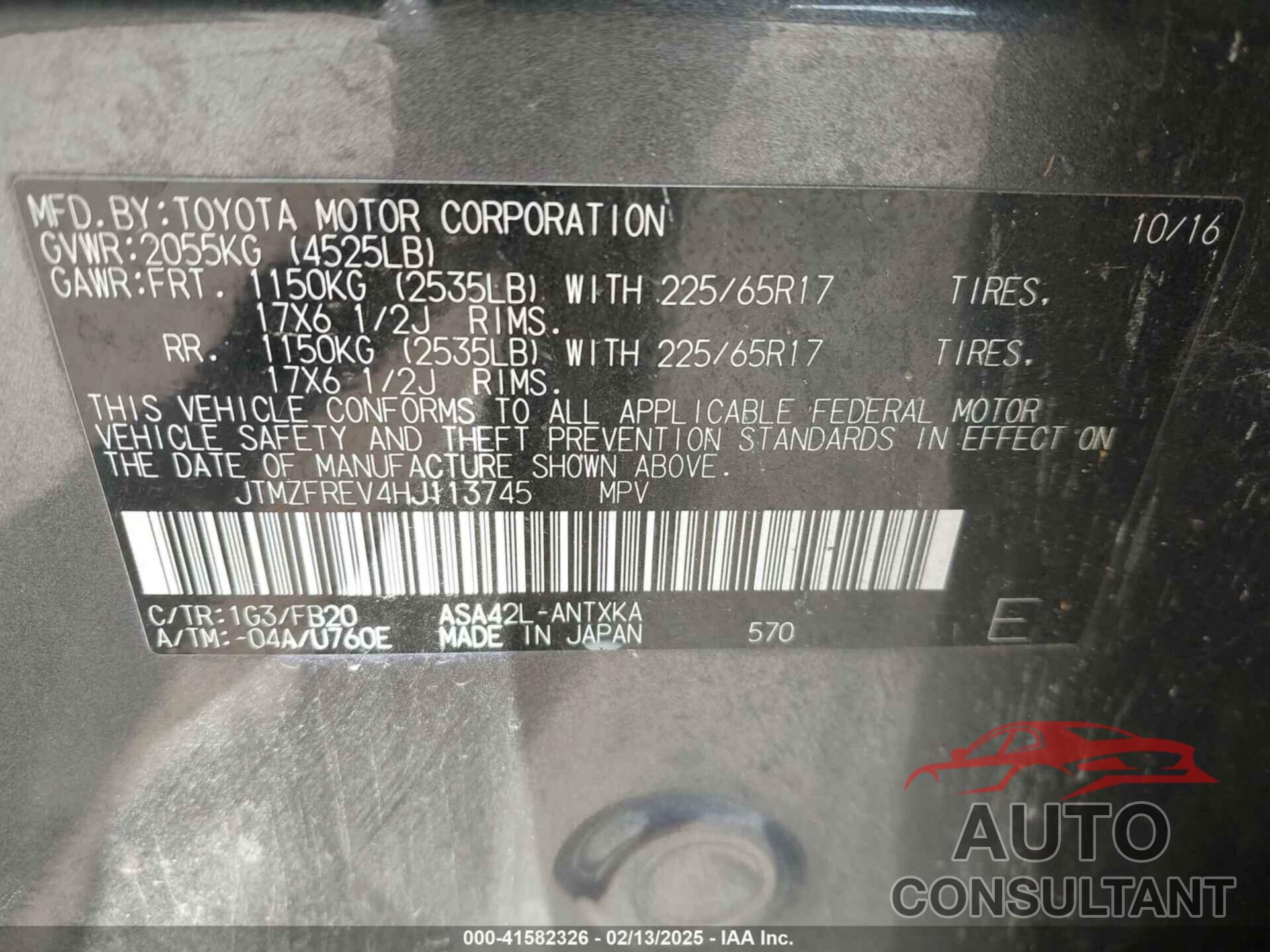 TOYOTA RAV4 2017 - JTMZFREV4HJ113745