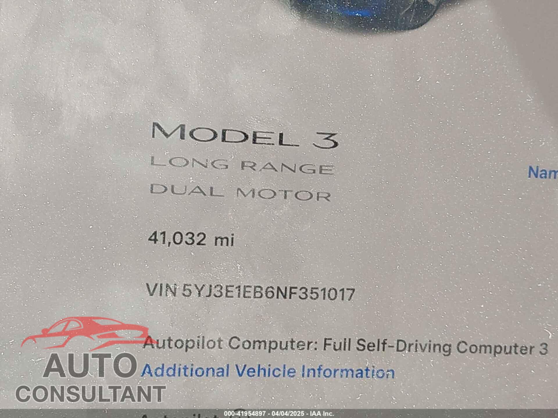 TESLA MODEL 3 2022 - 5YJ3E1EB6NF351017