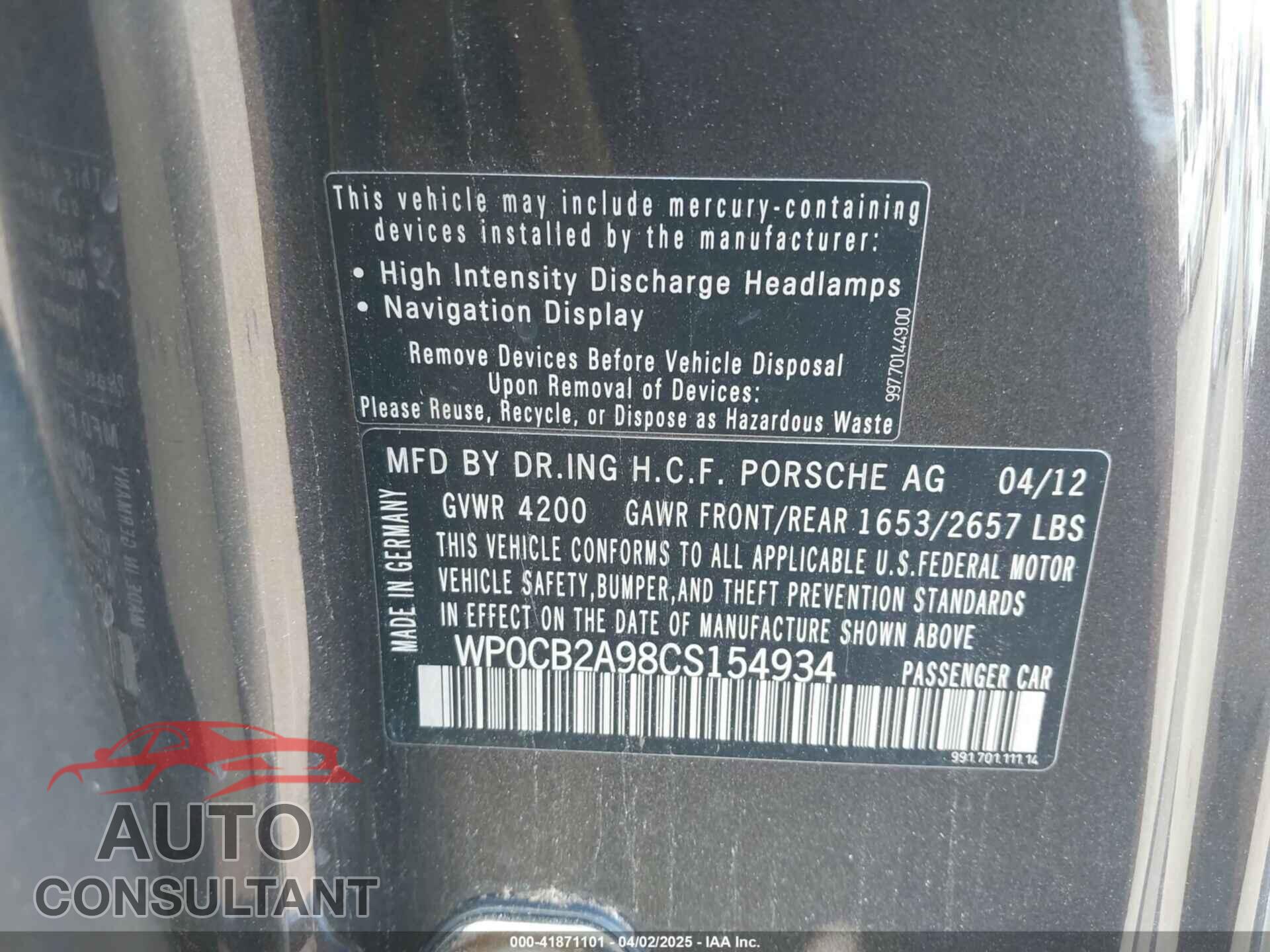 PORSCHE 911 2012 - WP0CB2A98CS154934