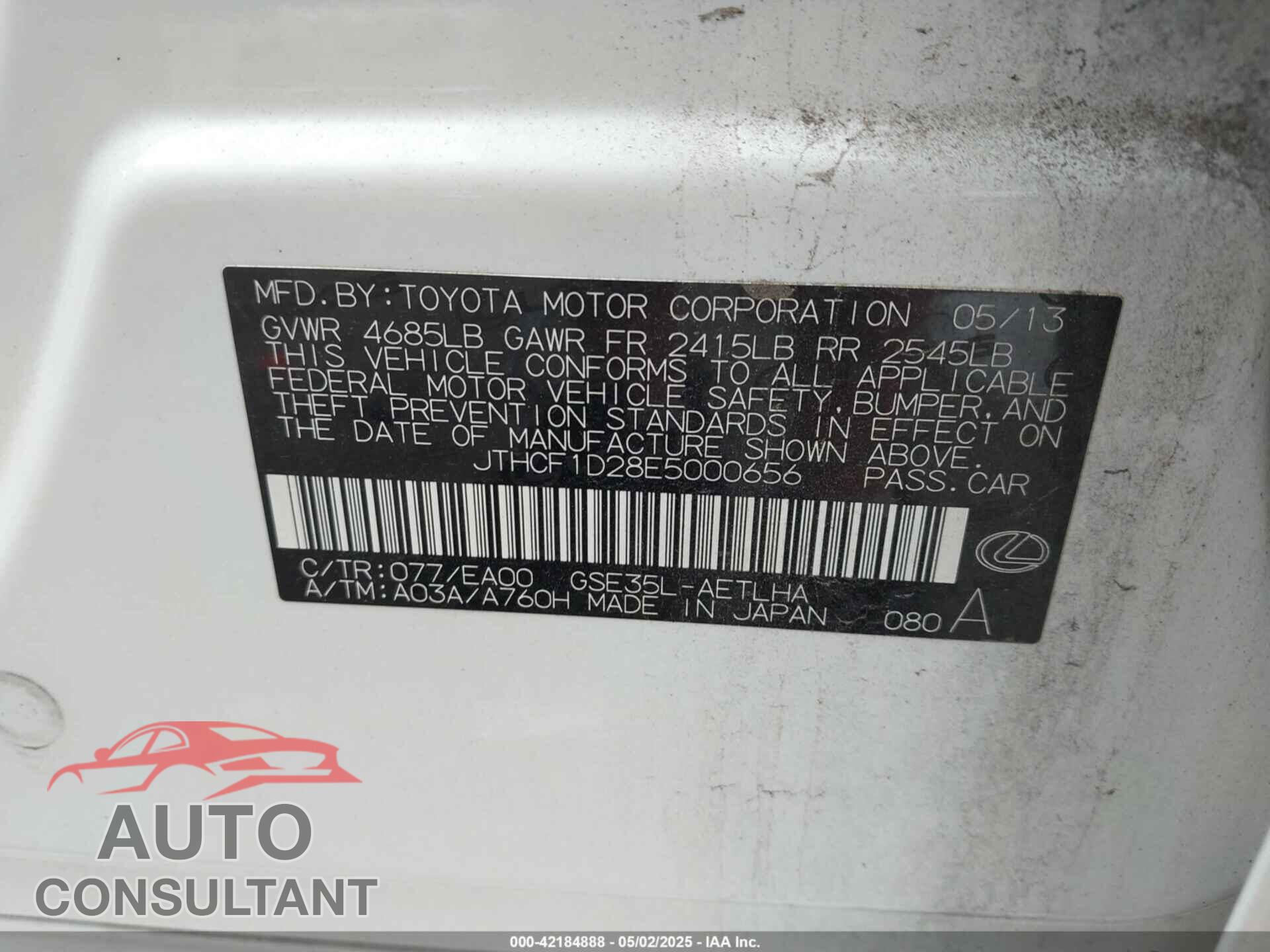 LEXUS IS 250 2014 - JTHCF1D28E5000656