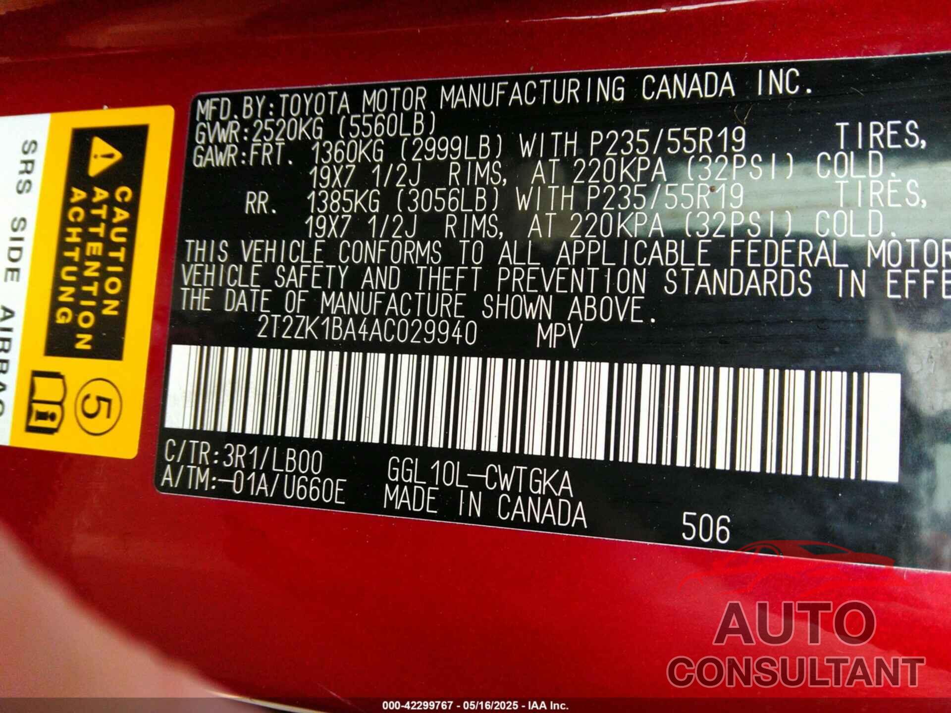 LEXUS RX 350 2010 - 2T2ZK1BA4AC029940
