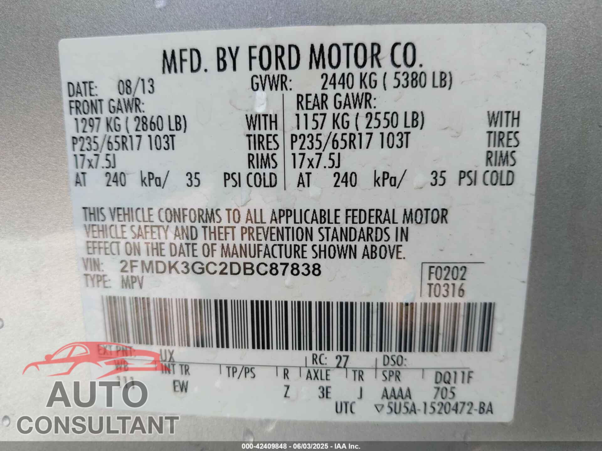FORD EDGE 2013 - 2FMDK3GC2DBC87838
