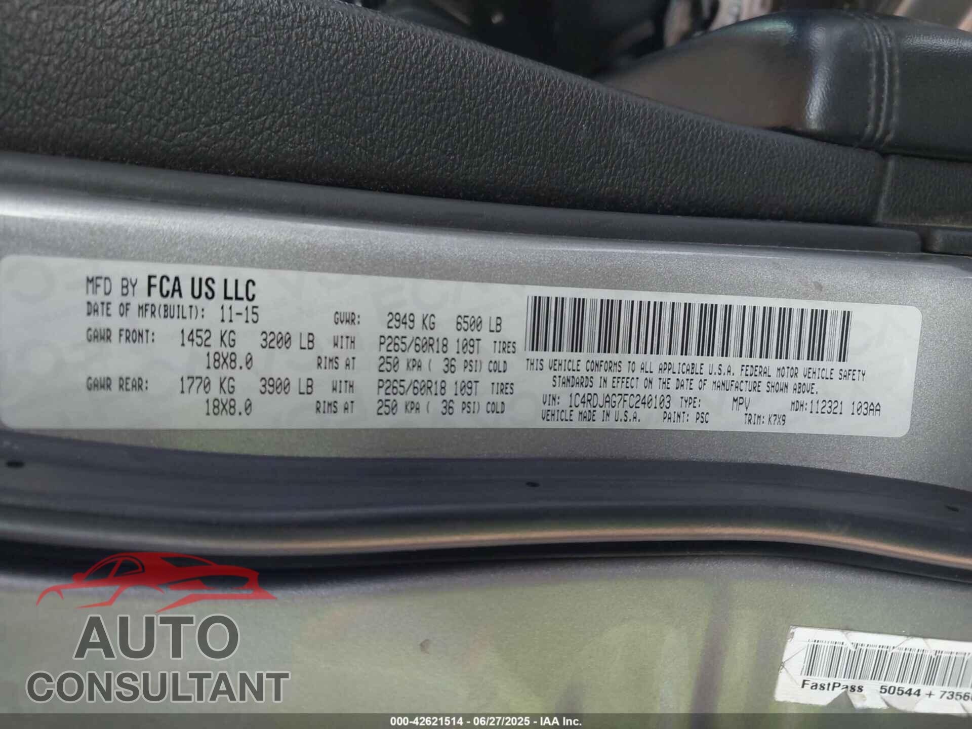 DODGE DURANGO 2015 - 1C4RDJAG7FC240103