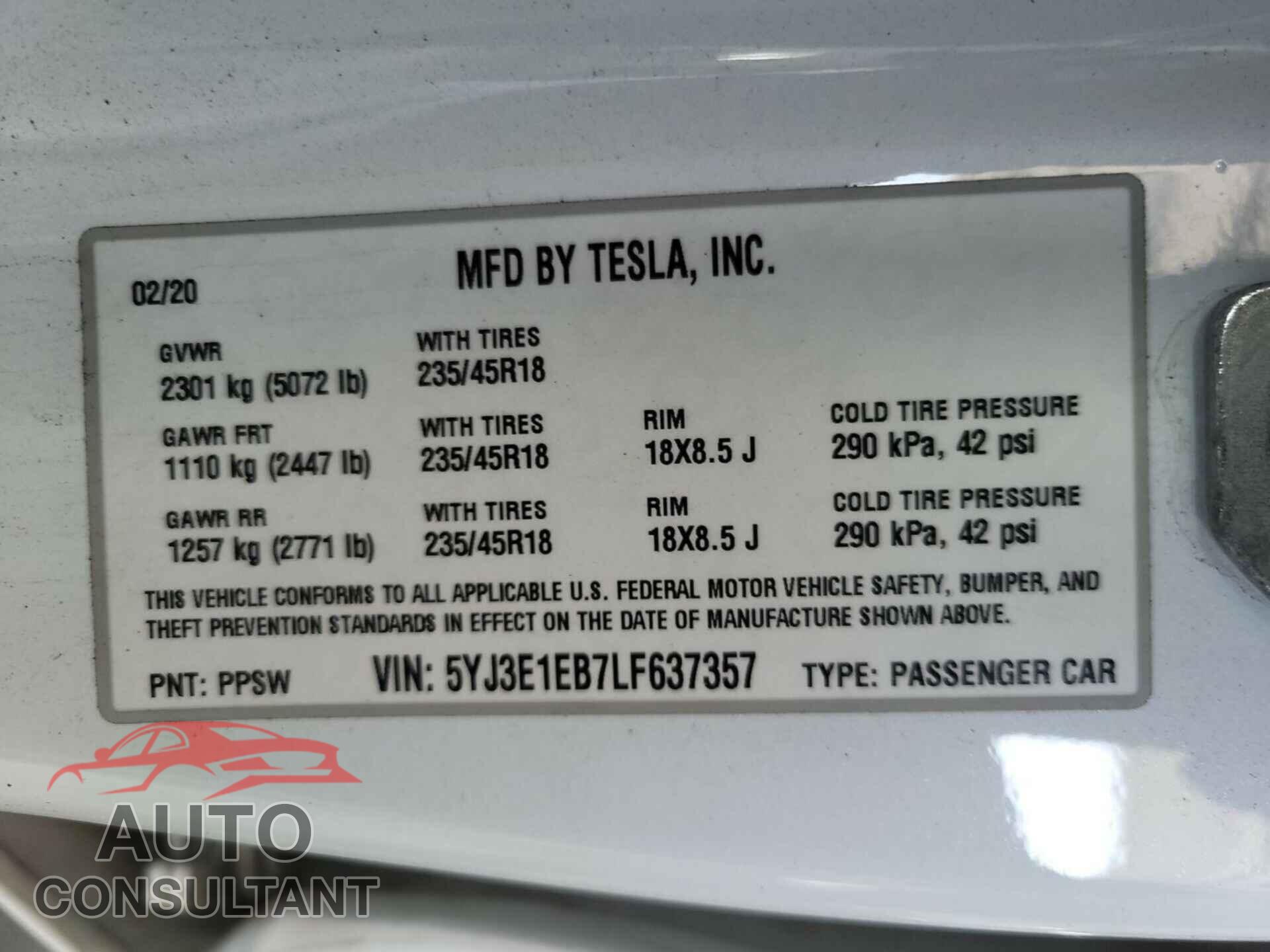 TESLA MODEL 3 2020 - 5YJ3E1EB7LF637357