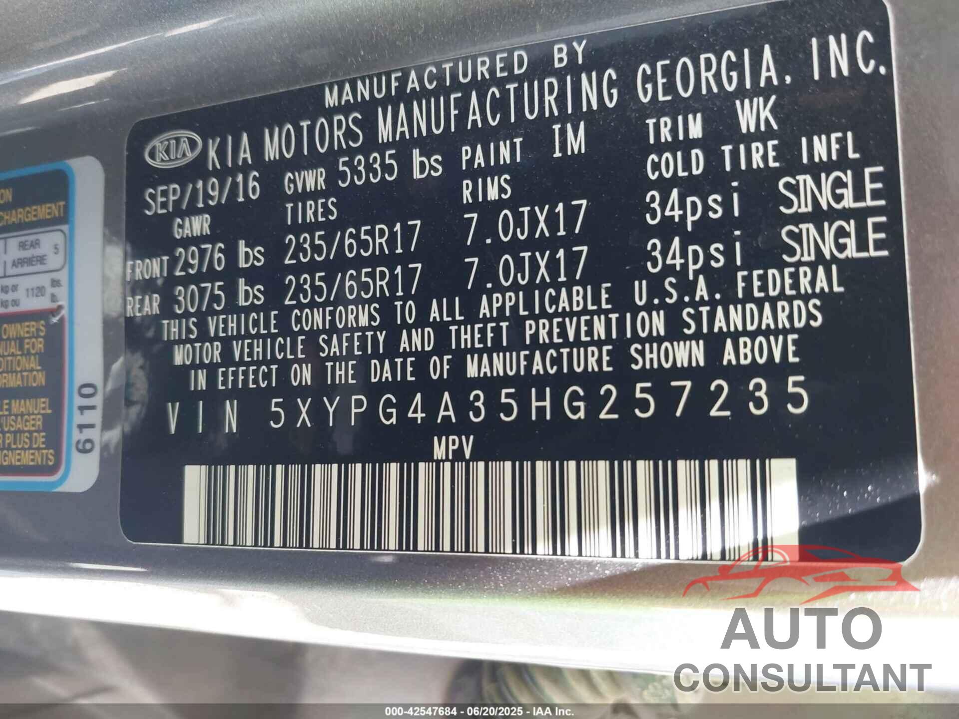 KIA SORENTO 2017 - 5XYPG4A35HG257235
