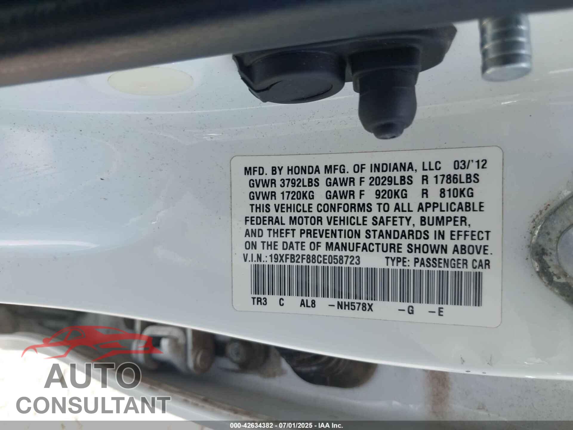 HONDA CIVIC 2012 - 19XFB2F88CE058723