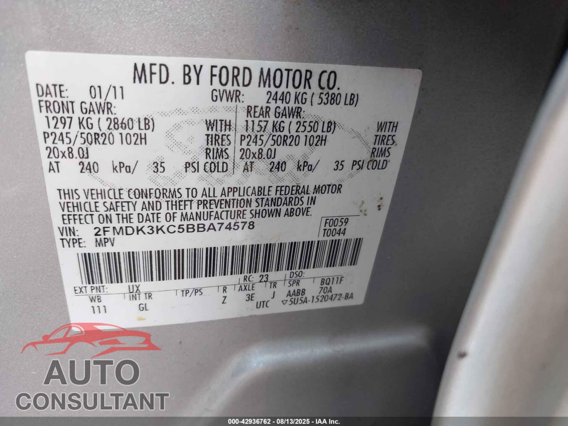 FORD EDGE 2011 - 2FMDK3KC5BBA74578