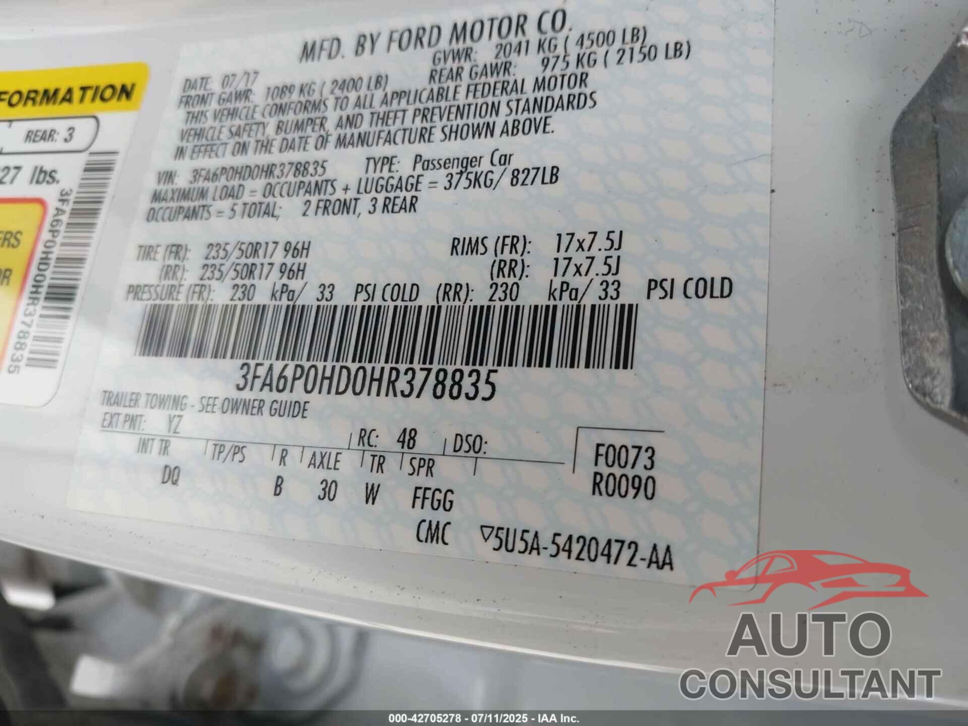 FORD FUSION 2017 - 3FA6P0HD0HR378835