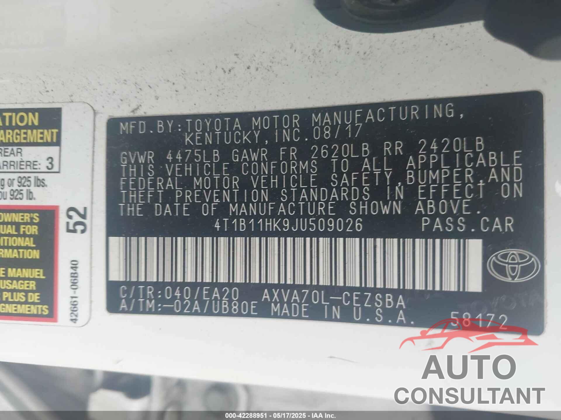 TOYOTA CAMRY 2018 - 4T1B11HK9JU509026