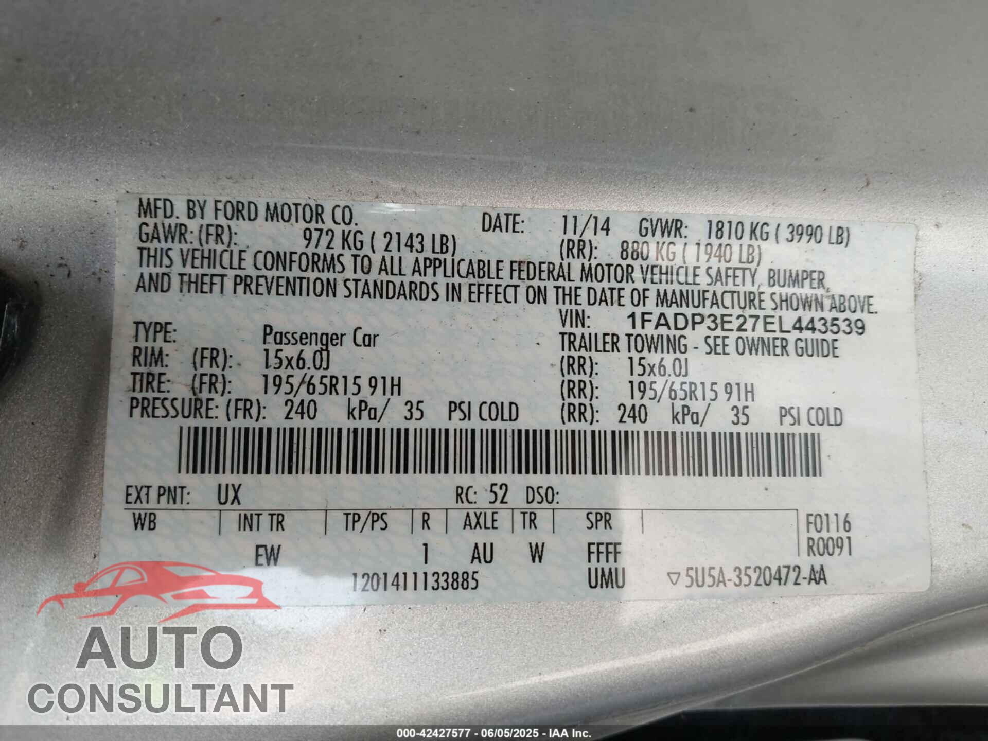 FORD FOCUS 2014 - 1FADP3E27EL443539