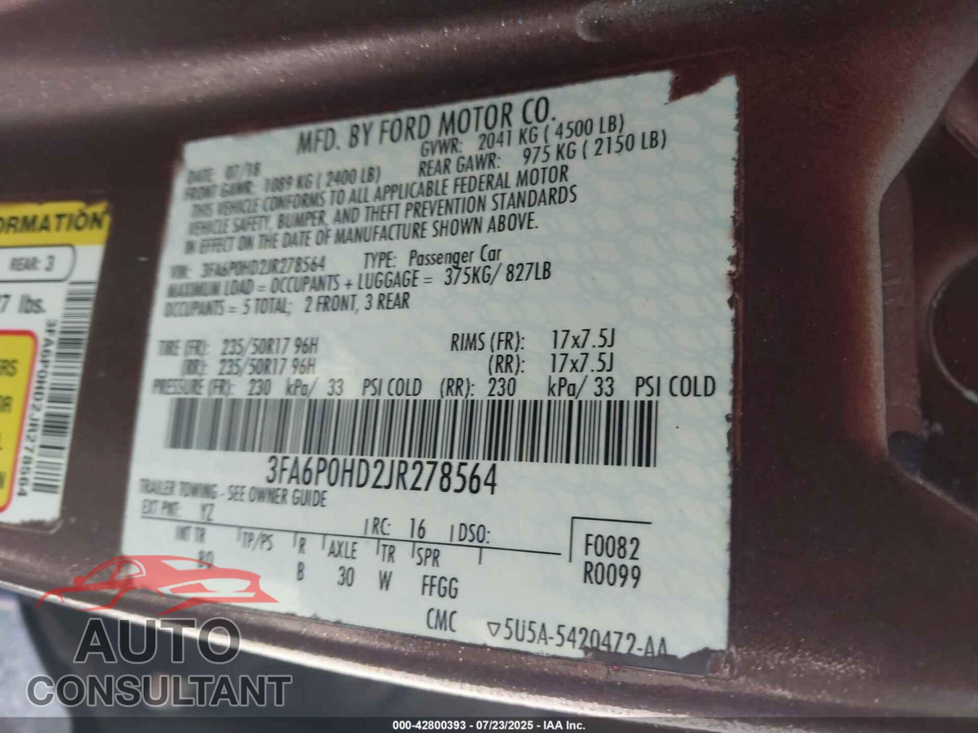 FORD FUSION 2018 - 3FA6P0HD2JR278564