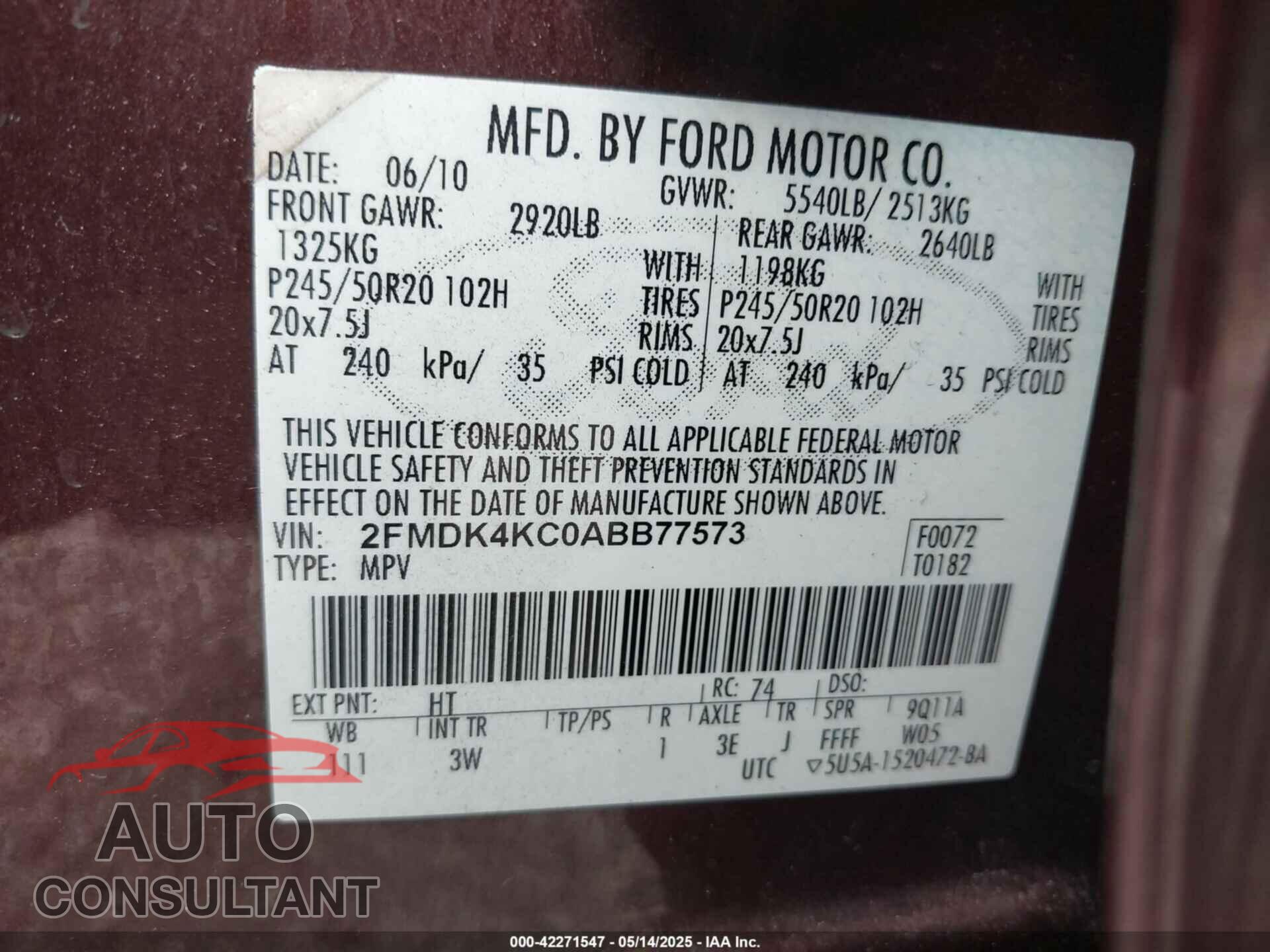 FORD EDGE 2010 - 2FMDK4KC0ABB77573