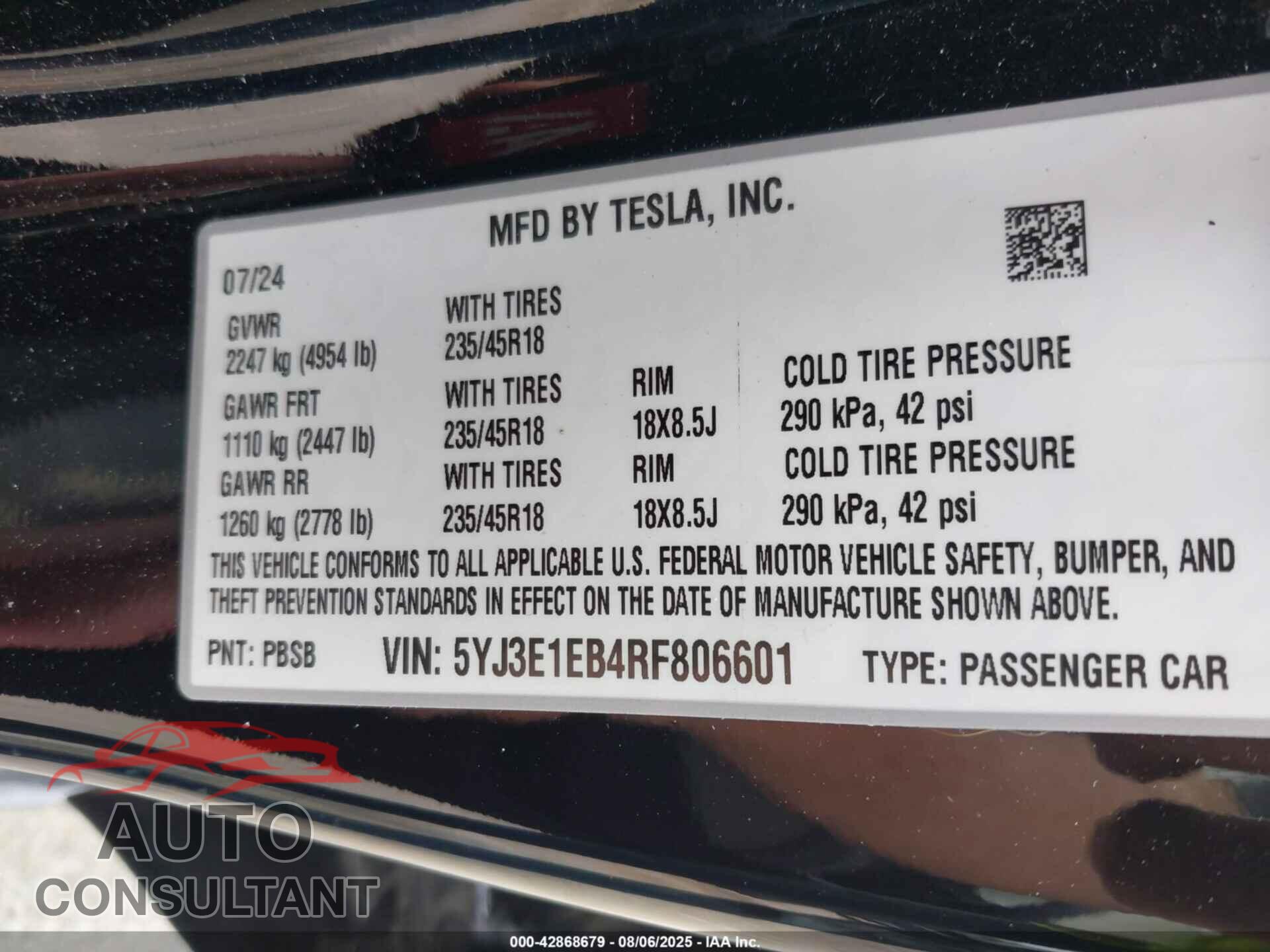 TESLA MODEL 3 2024 - 5YJ3E1EB4RF806601