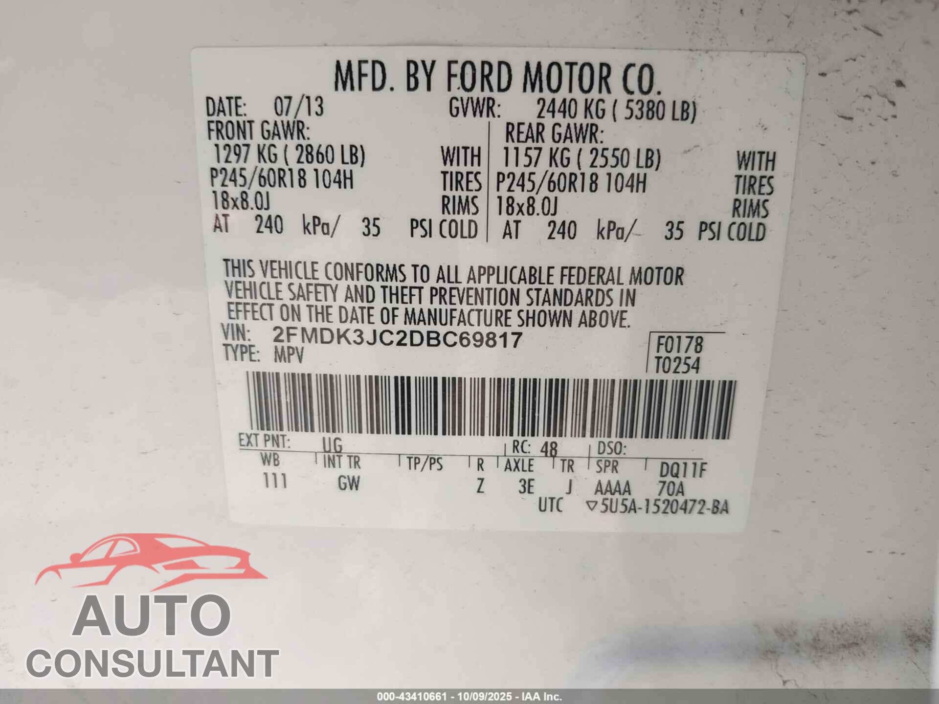 FORD EDGE 2013 - 2FMDK3JC2DBC69817