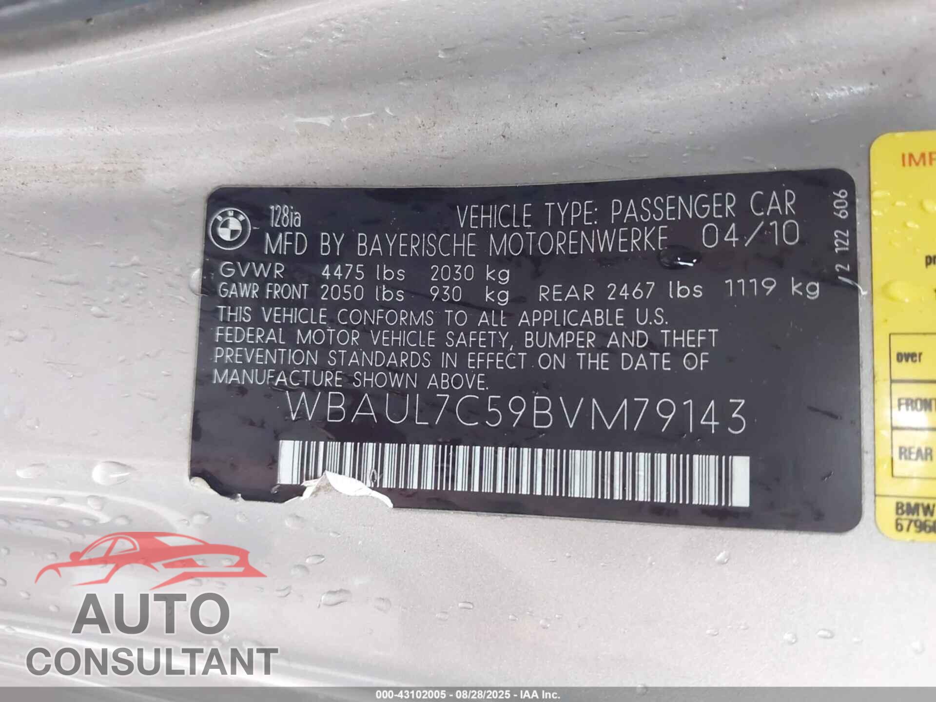 BMW 128I 2011 - WBAUL7C59BVM79143