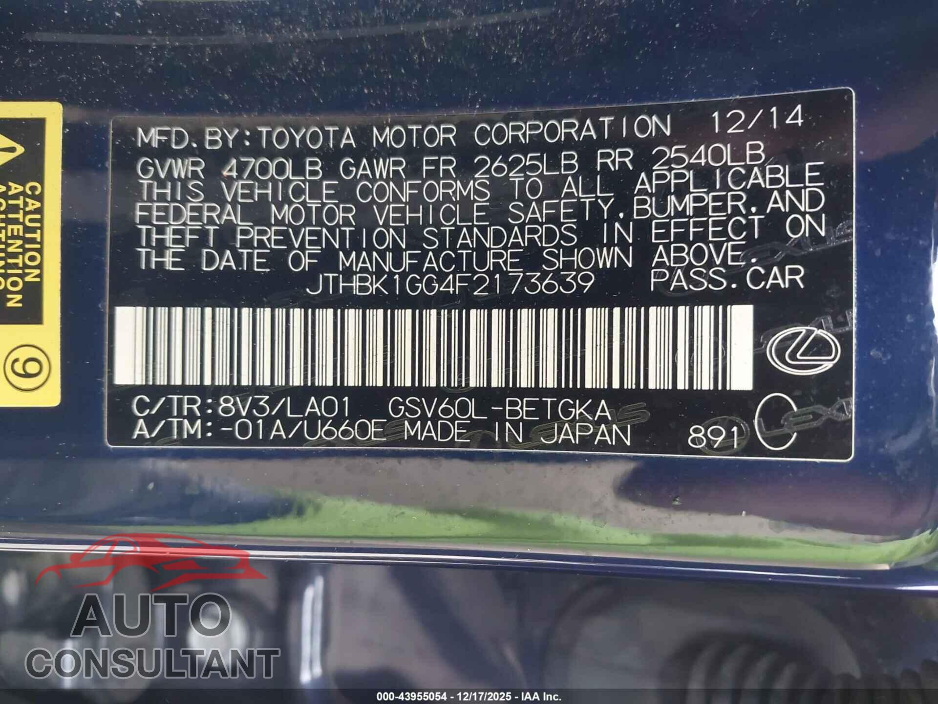 LEXUS ES 350 2015 - JTHBK1GG4F2173639