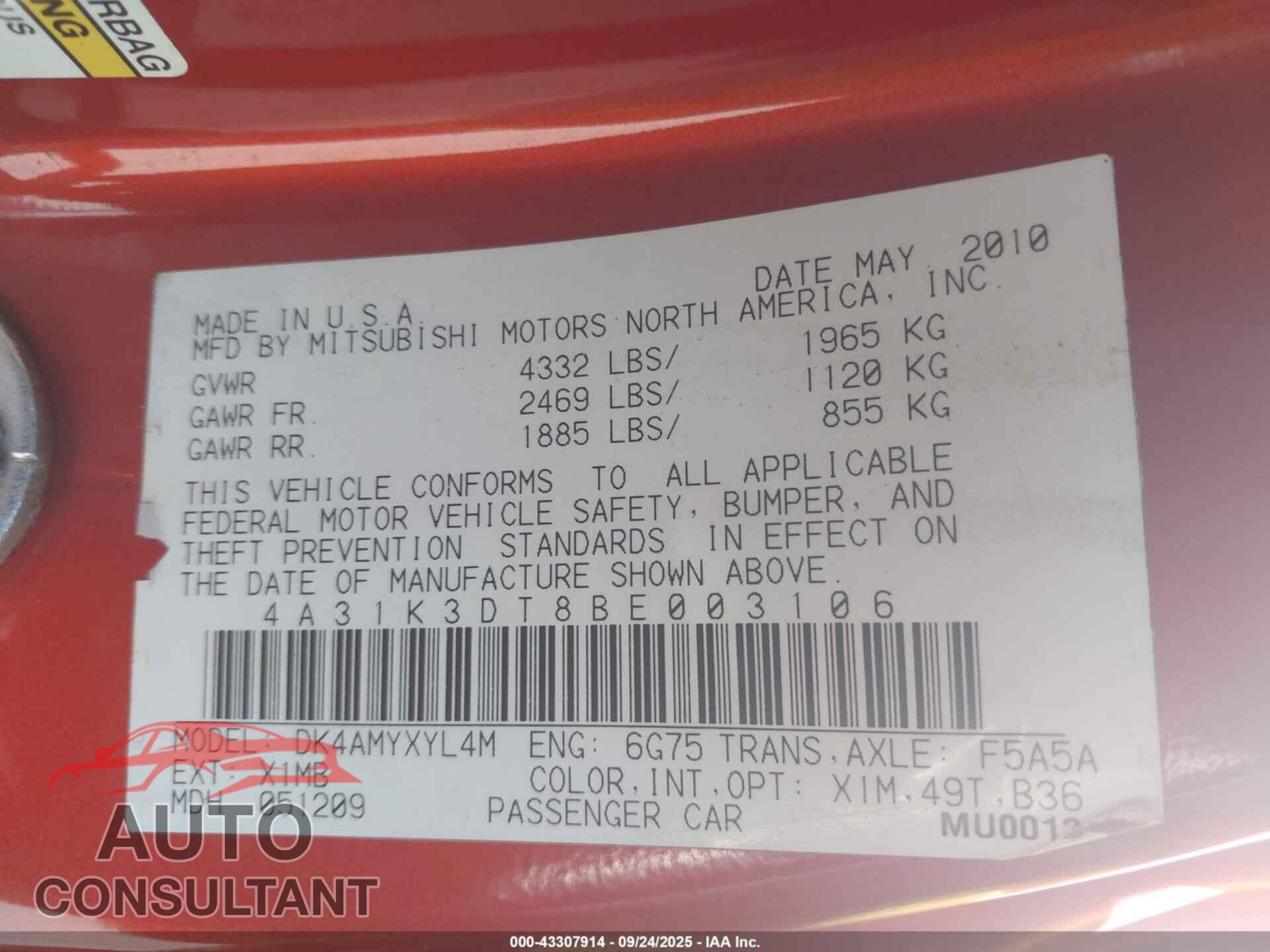 MITSUBISHI ECLIPSE 2011 - 4A31K3DT8BE003106