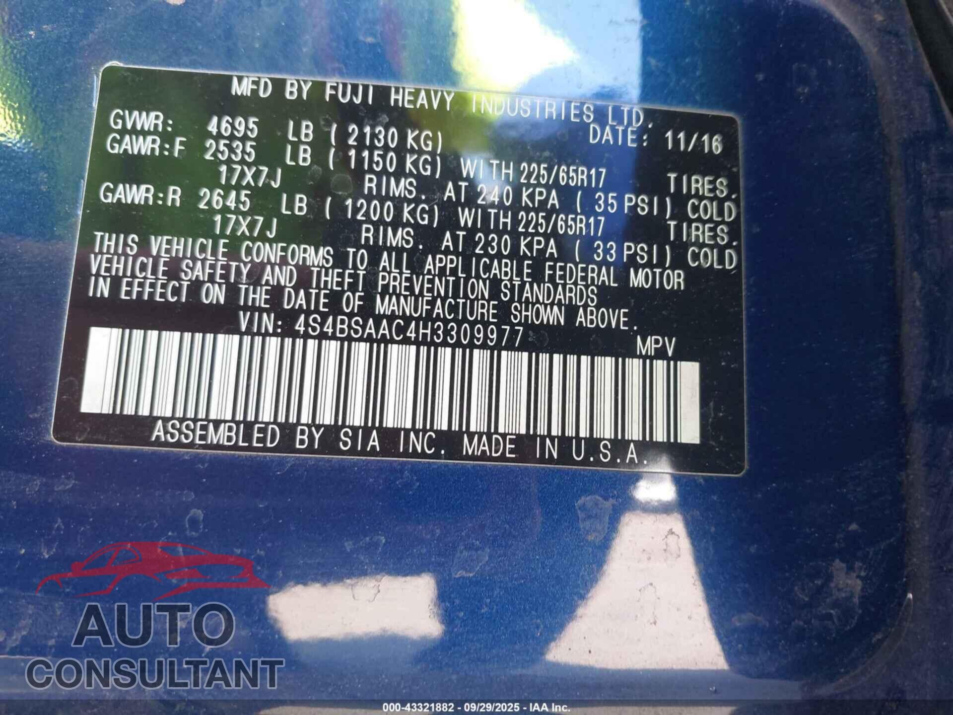 SUBARU OUTBACK 2017 - 4S4BSAAC4H3309977