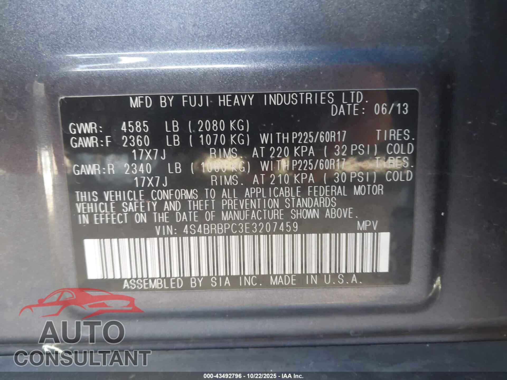 SUBARU OUTBACK 2014 - 4S4BRBPC3E3207459