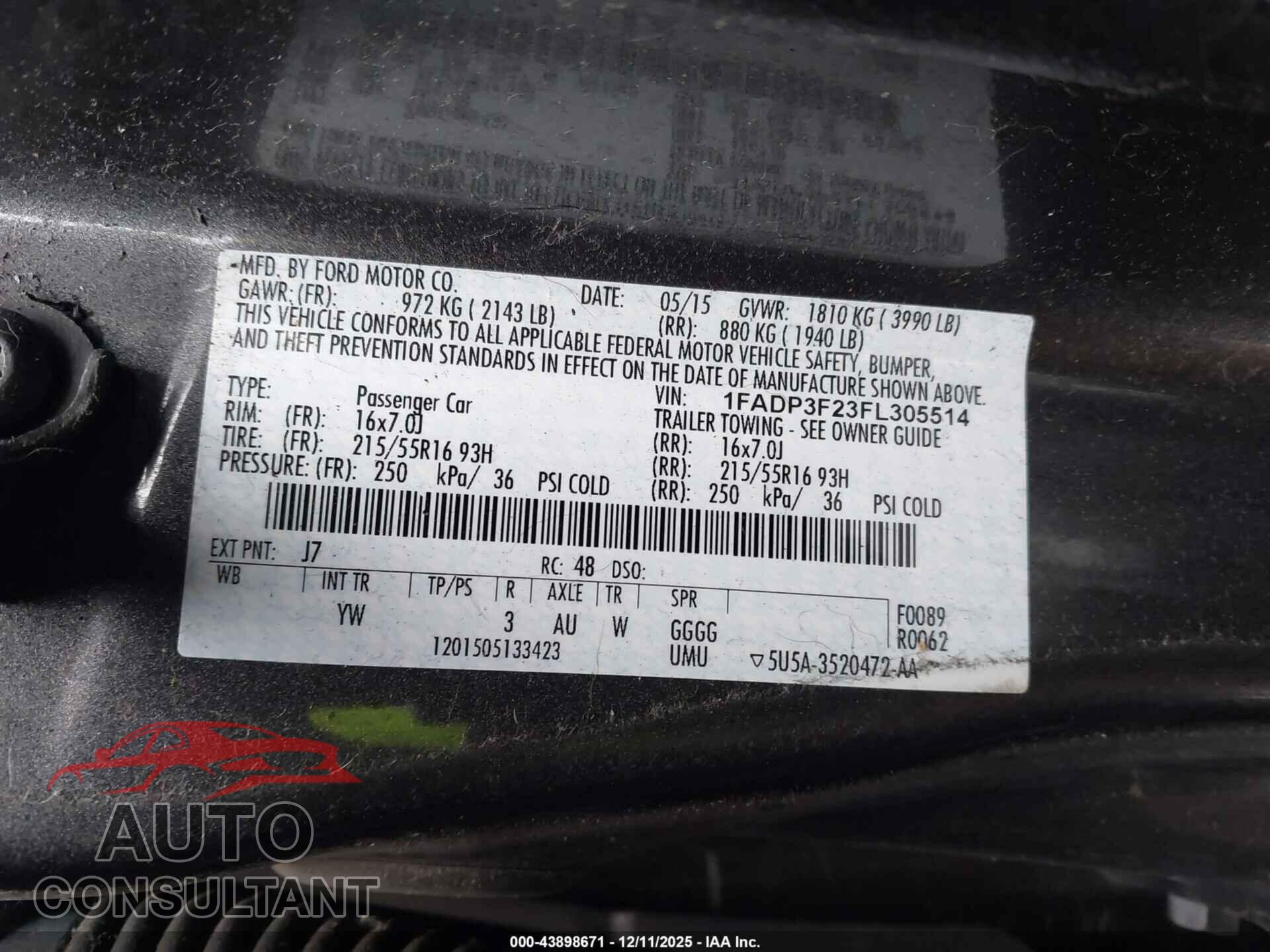 FORD FOCUS 2015 - 1FADP3F23FL305514