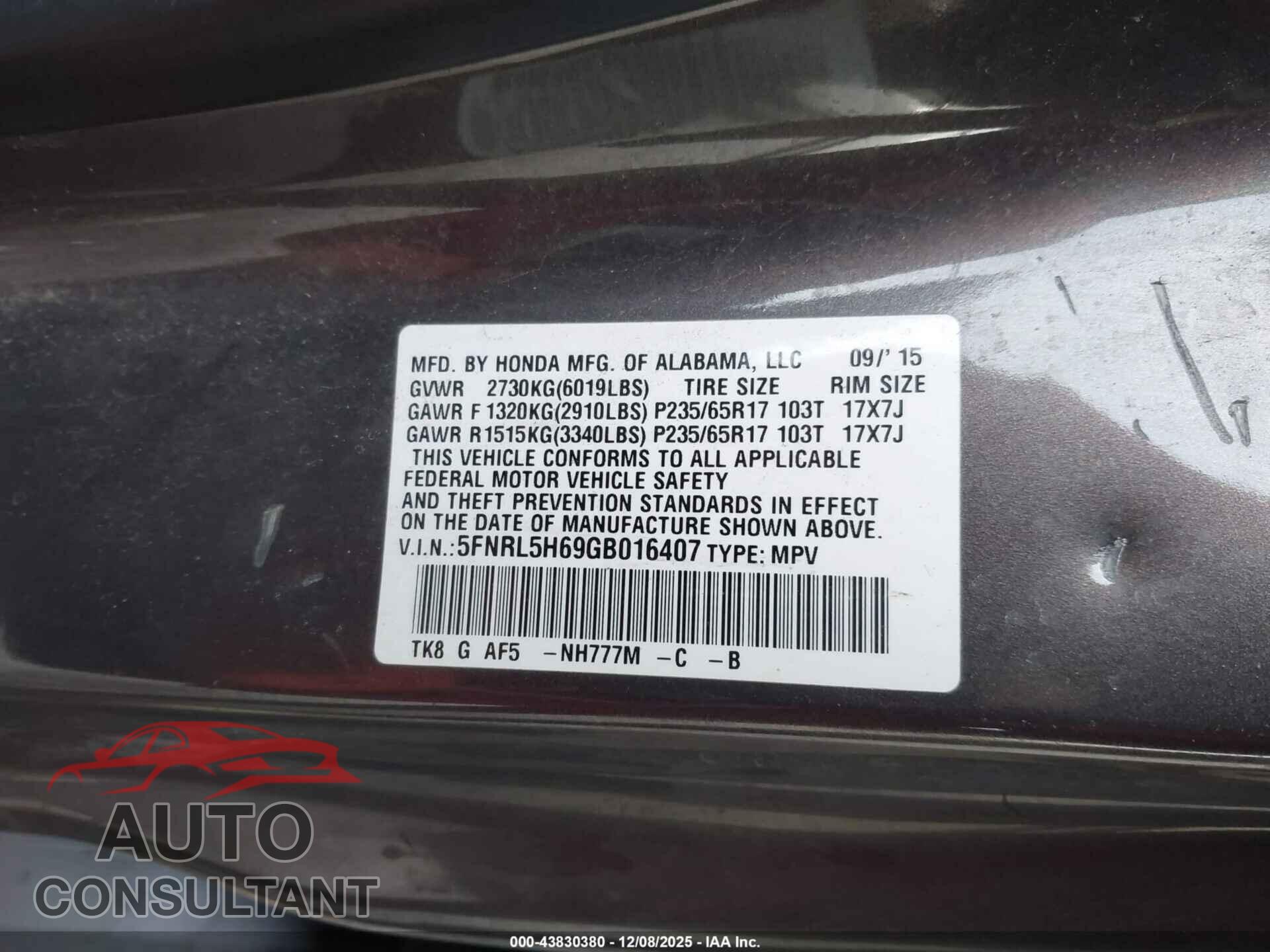 HONDA ODYSSEY 2016 - 5FNRL5H69GB016407