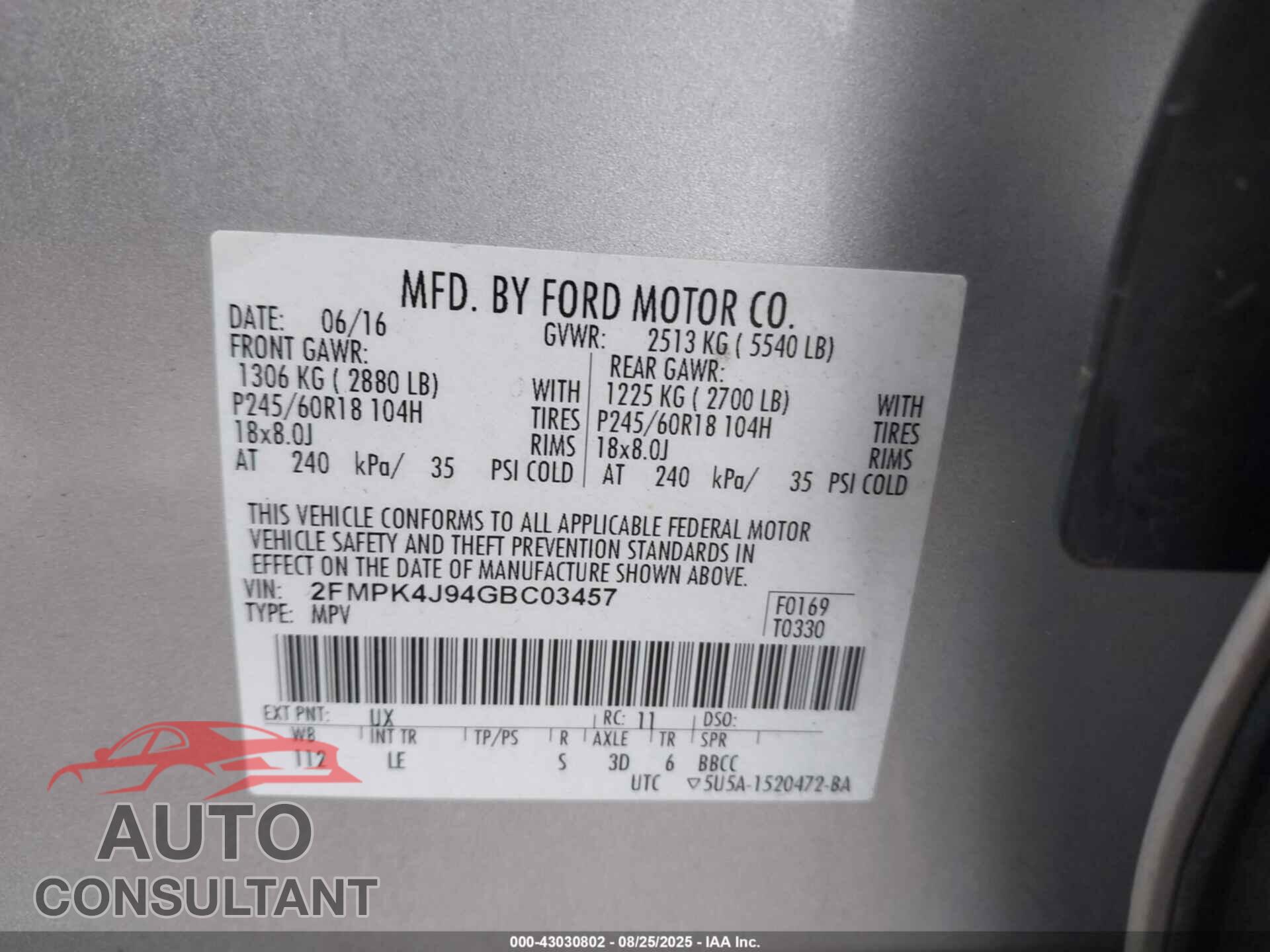 FORD EDGE 2016 - 2FMPK4J94GBC03457