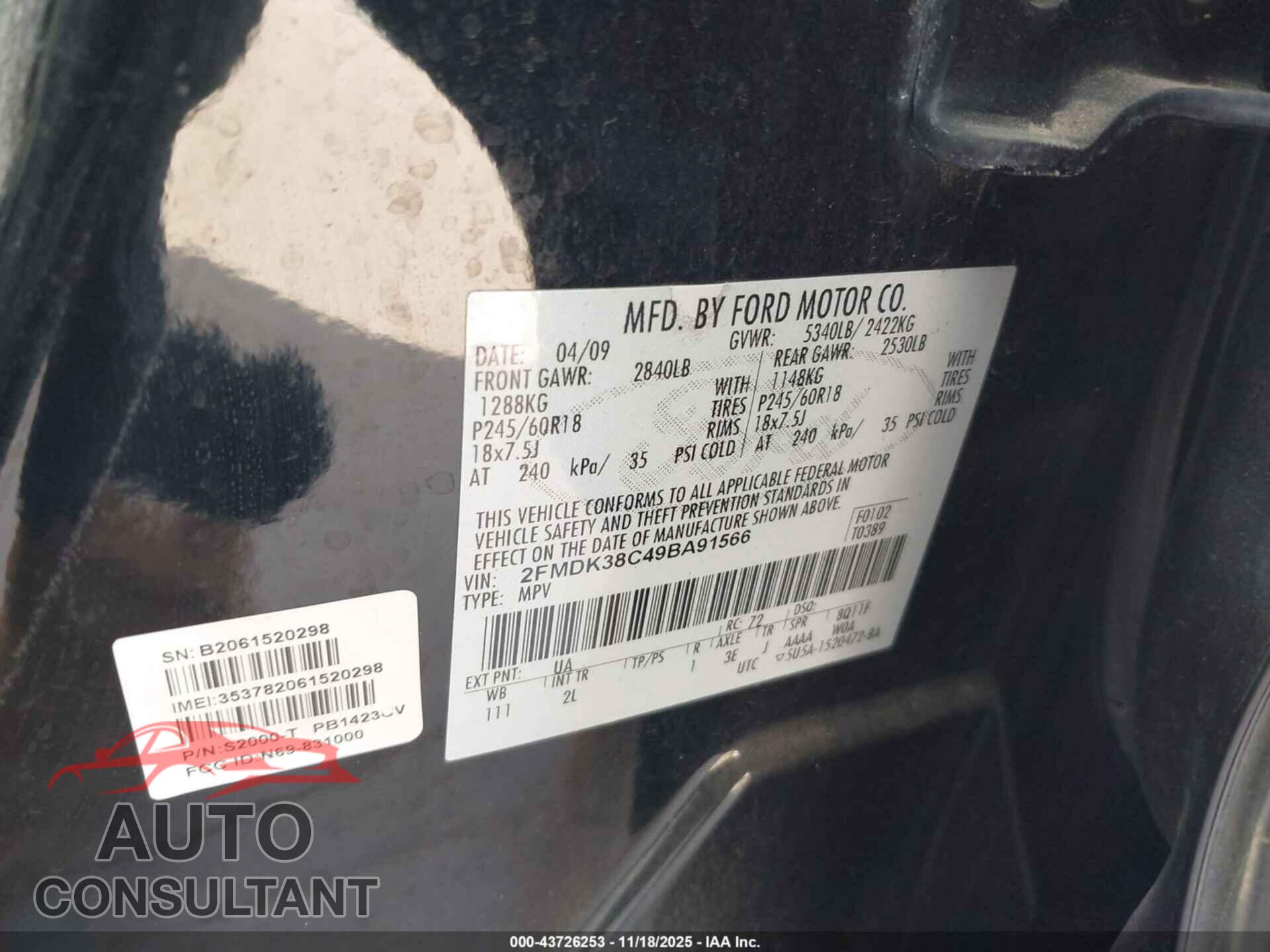 FORD EDGE 2009 - 2FMDK38C49BA91566