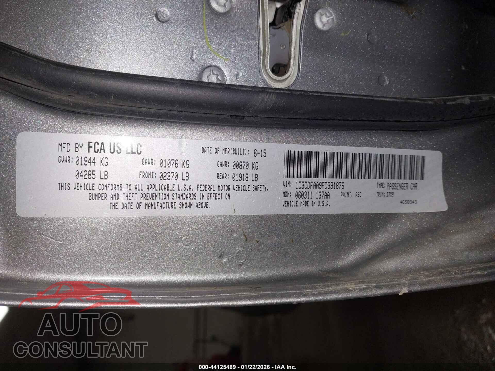DODGE DART 2015 - 1C3CDFAA9FD391876