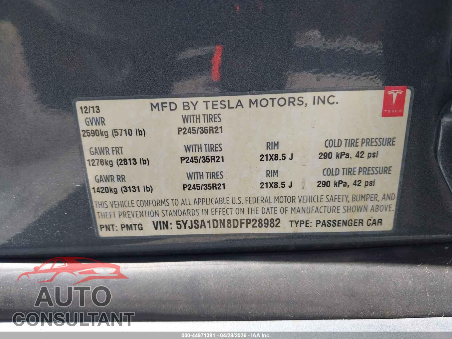 TESLA MODEL S 2013 - 5YJSA1DN8DFP28982