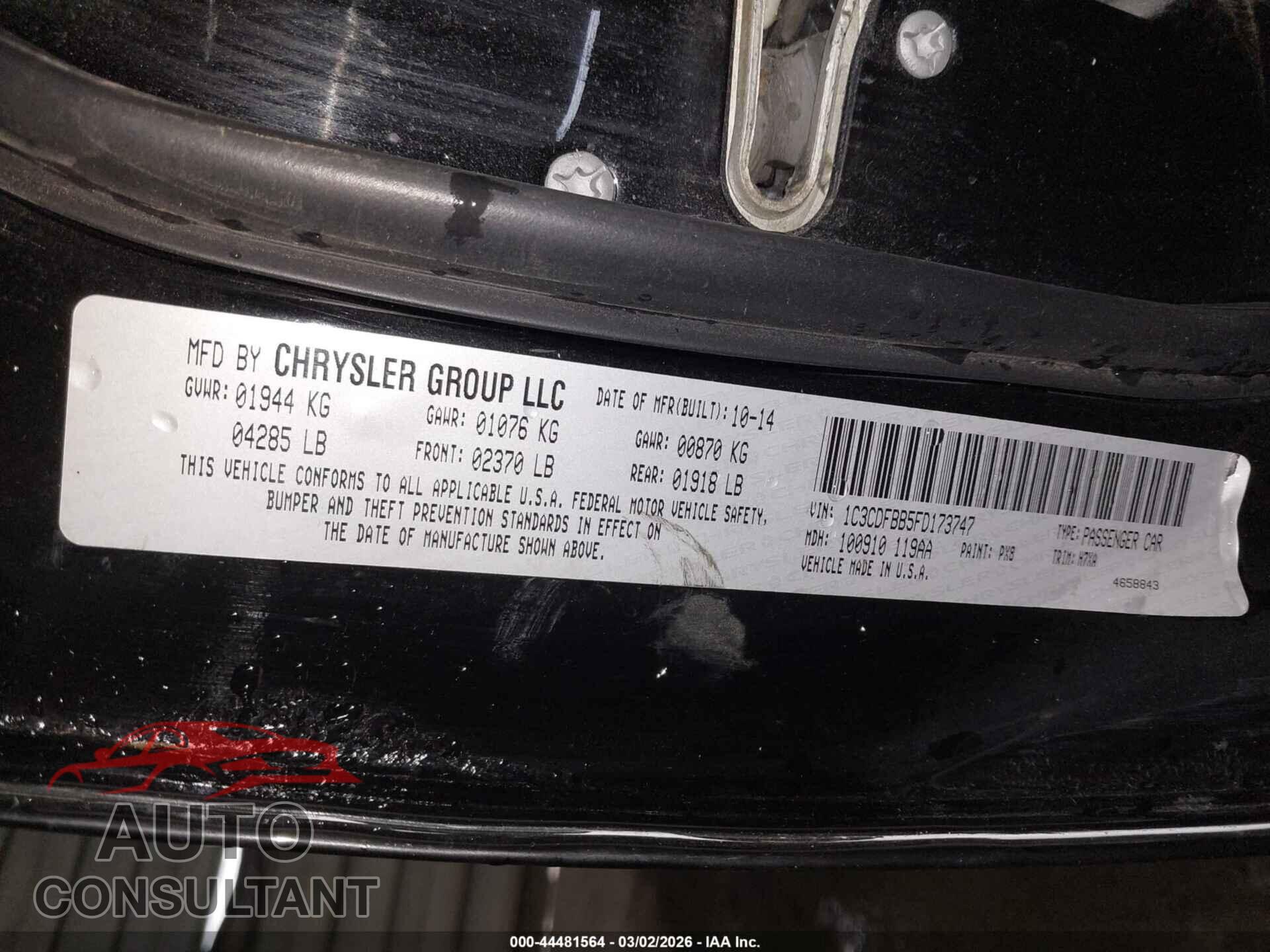 DODGE DART 2015 - 1C3CDFBB5FD173747