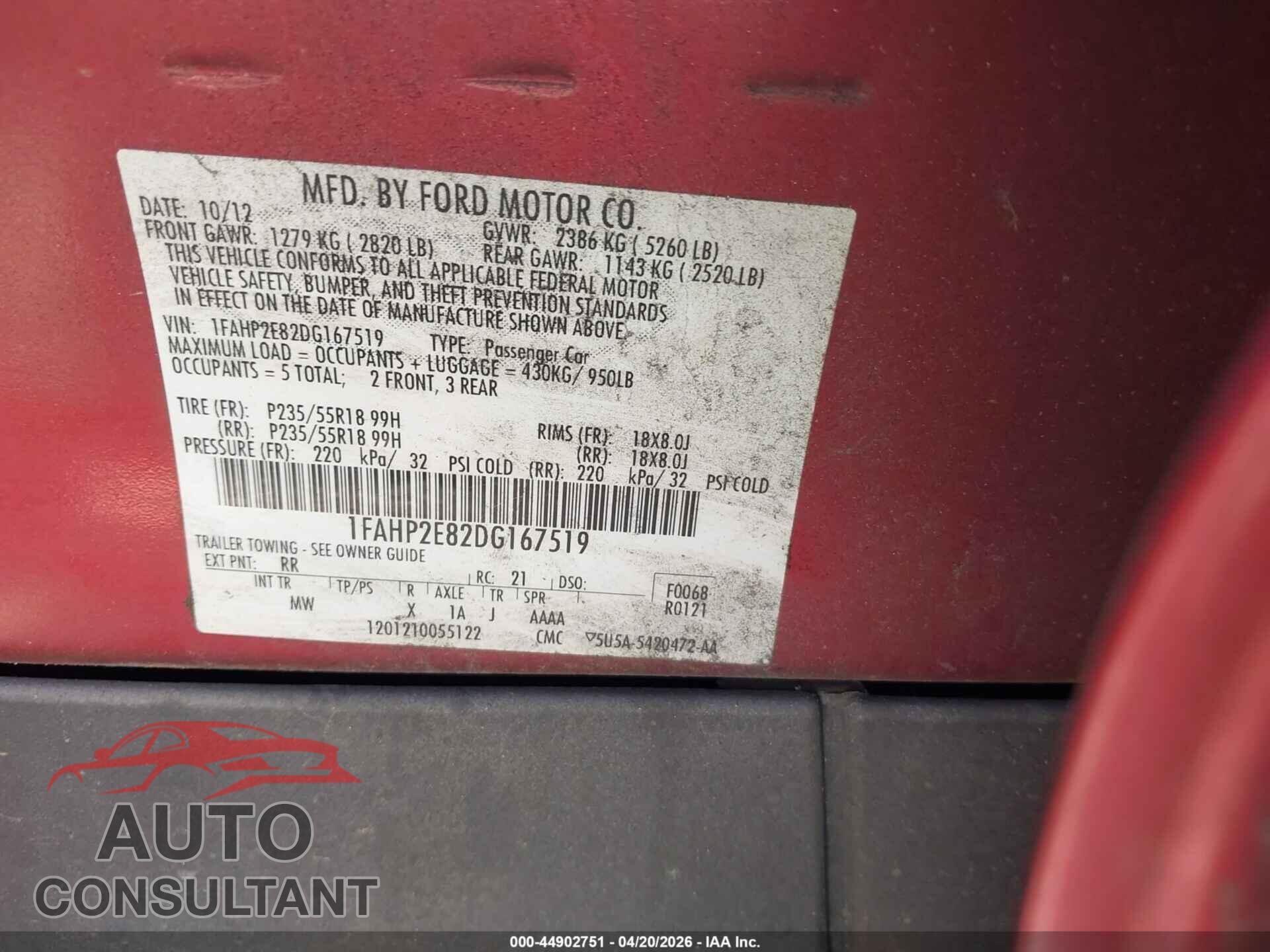 FORD TAURUS 2013 - 1FAHP2E82DG167519