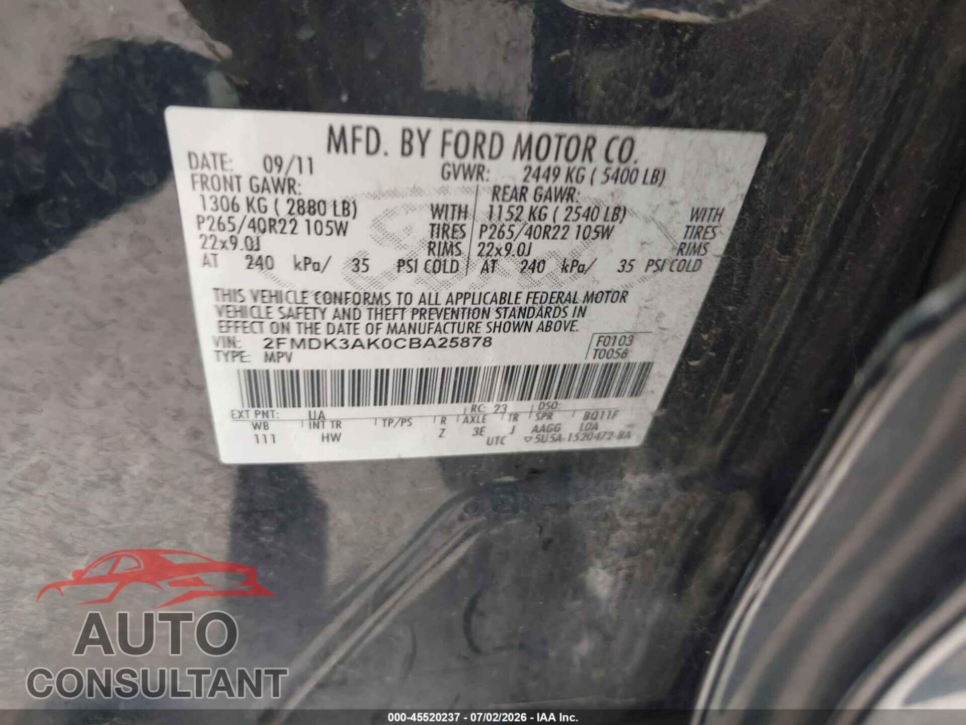 FORD EDGE 2012 - 2FMDK3AK0CBA25878