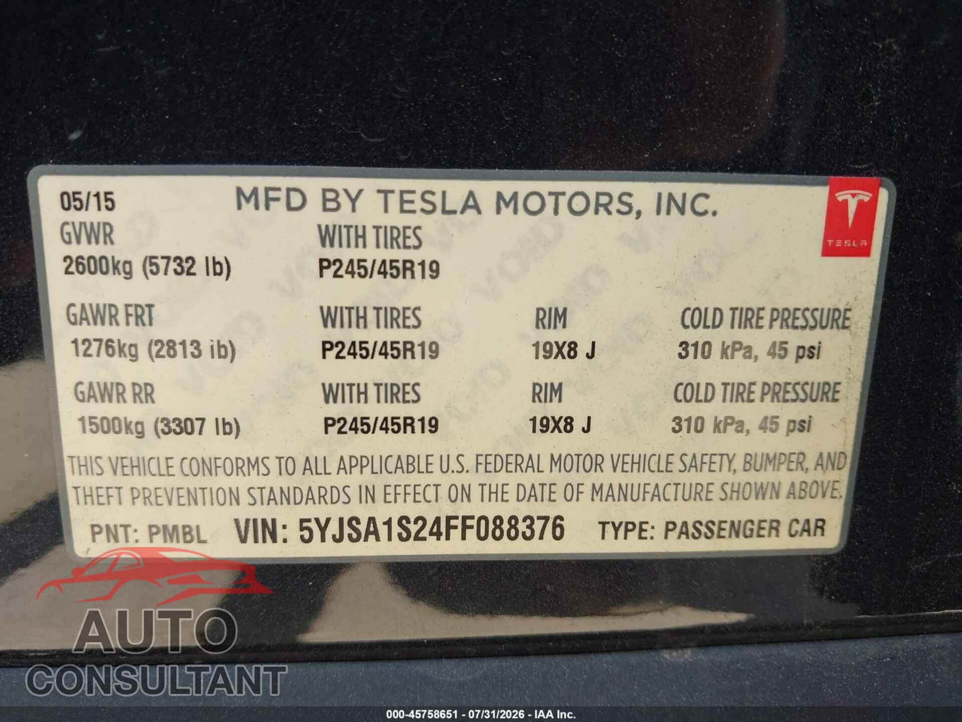 TESLA MODEL S 2015 - 5YJSA1S24FF088376