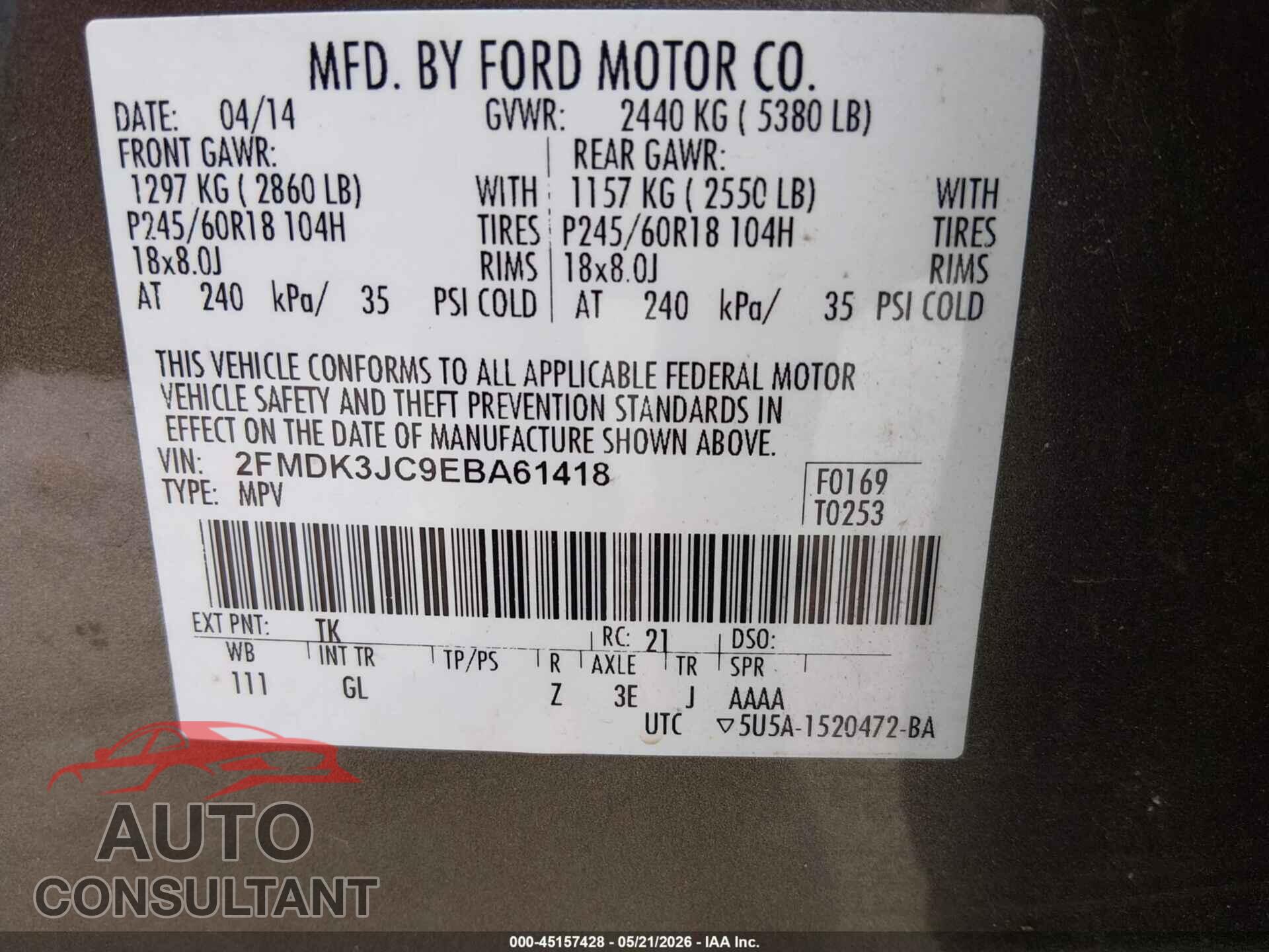 FORD EDGE 2014 - 2FMDK3JC9EBA61418