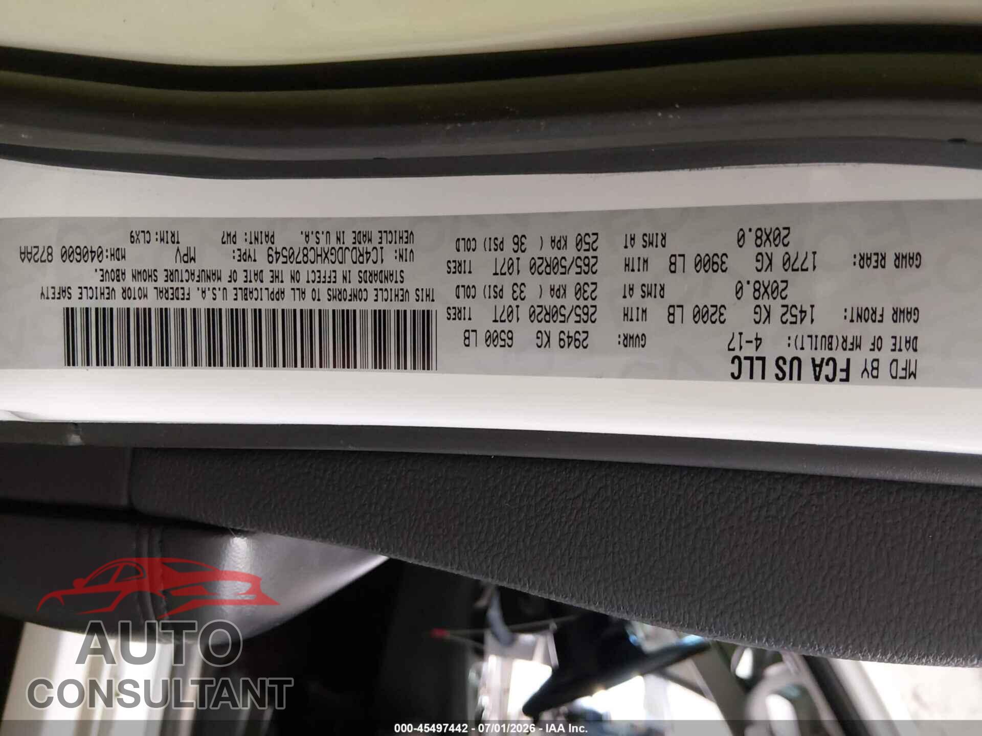 DODGE DURANGO 2017 - 1C4RDJDGXHC870549