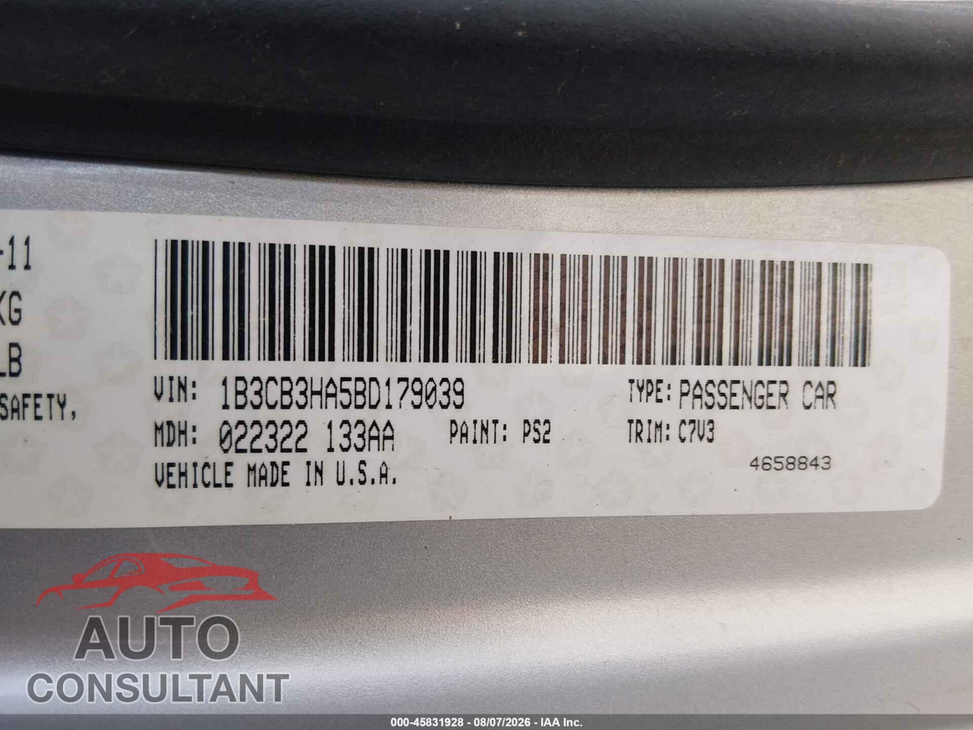 DODGE CALIBER 2011 - 1B3CB3HA5BD179039