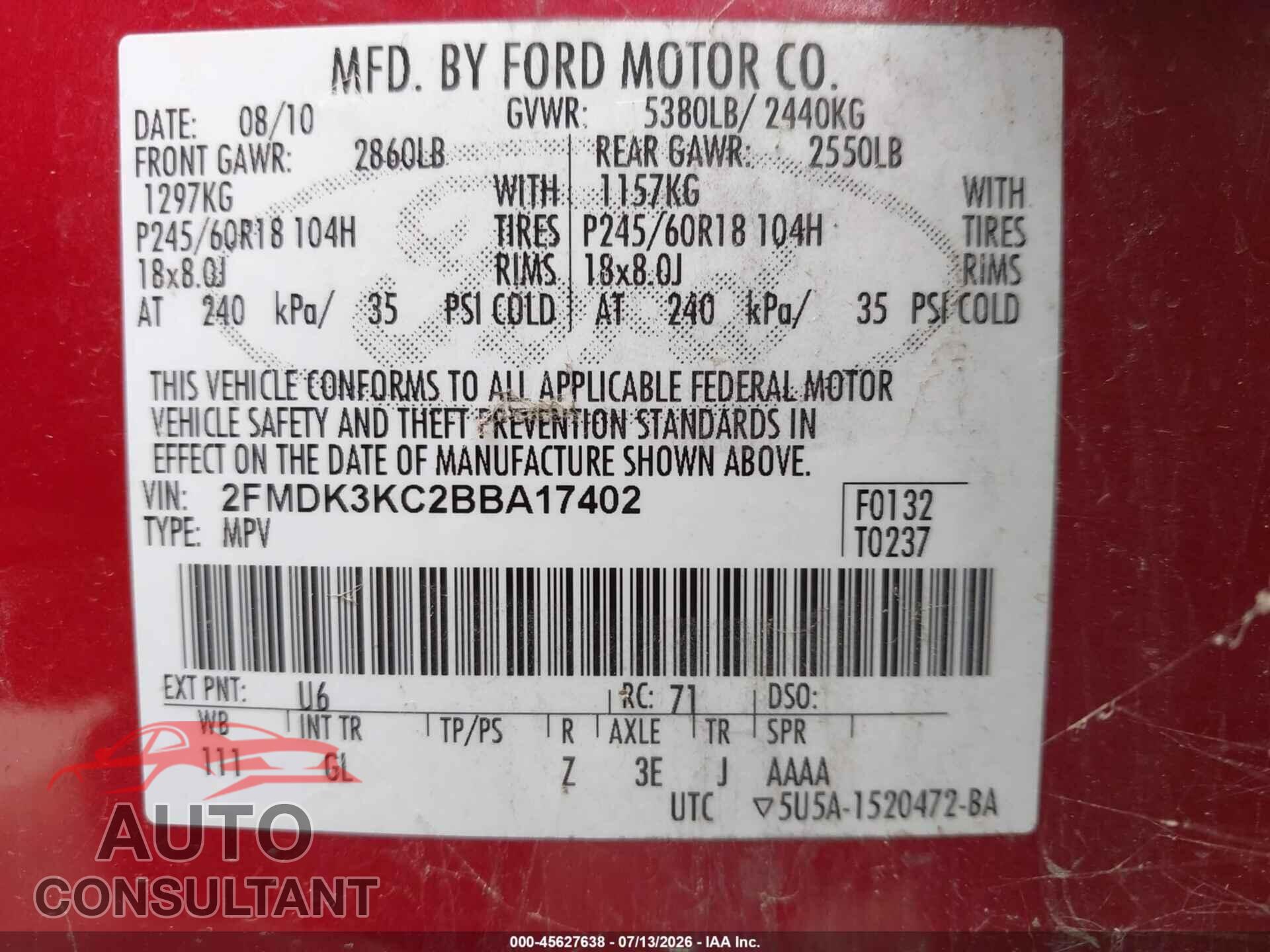 FORD EDGE 2011 - 2FMDK3KC2BBA17402