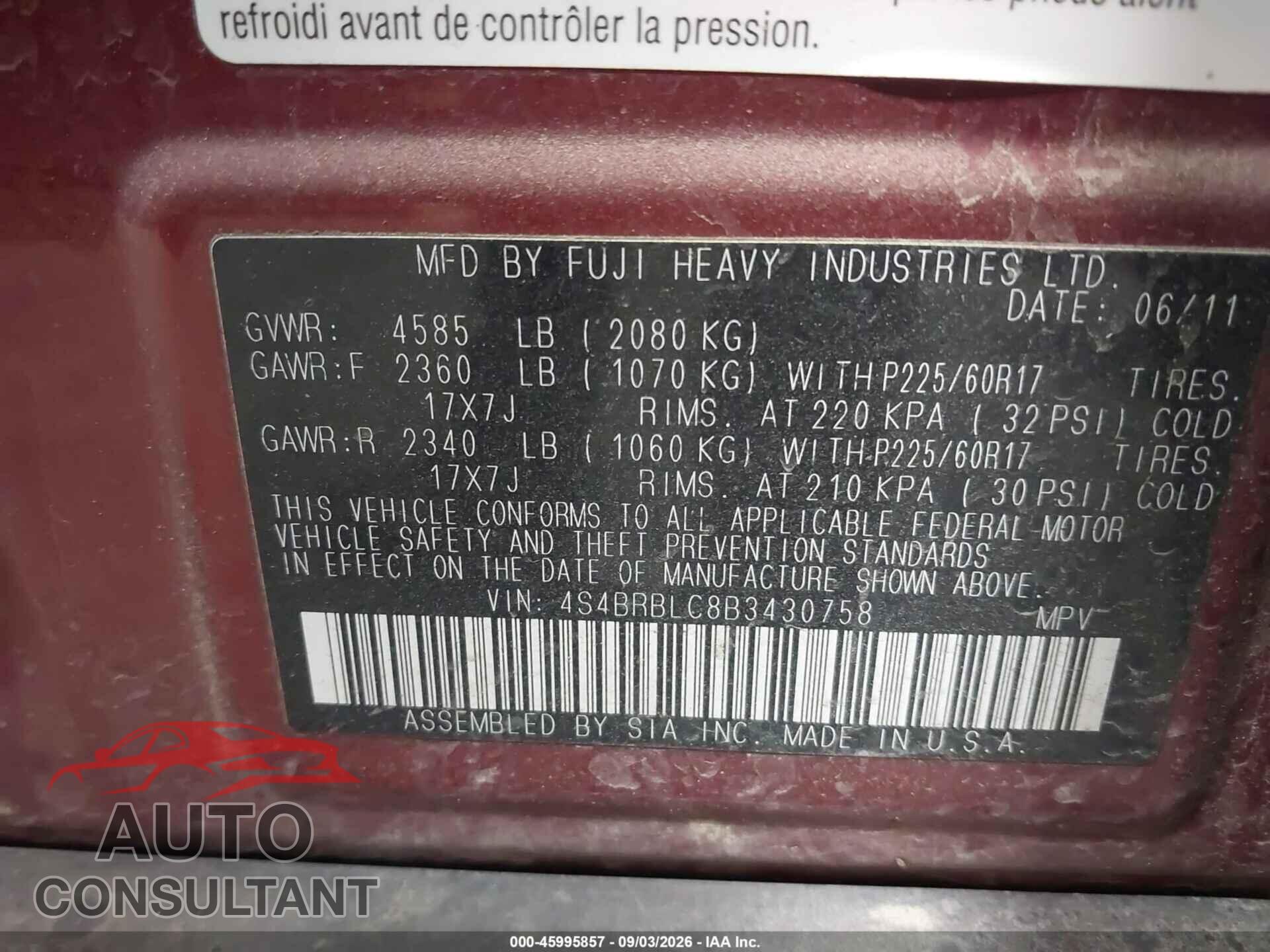 SUBARU OUTBACK 2011 - 4S4BRBLC8B3430758
