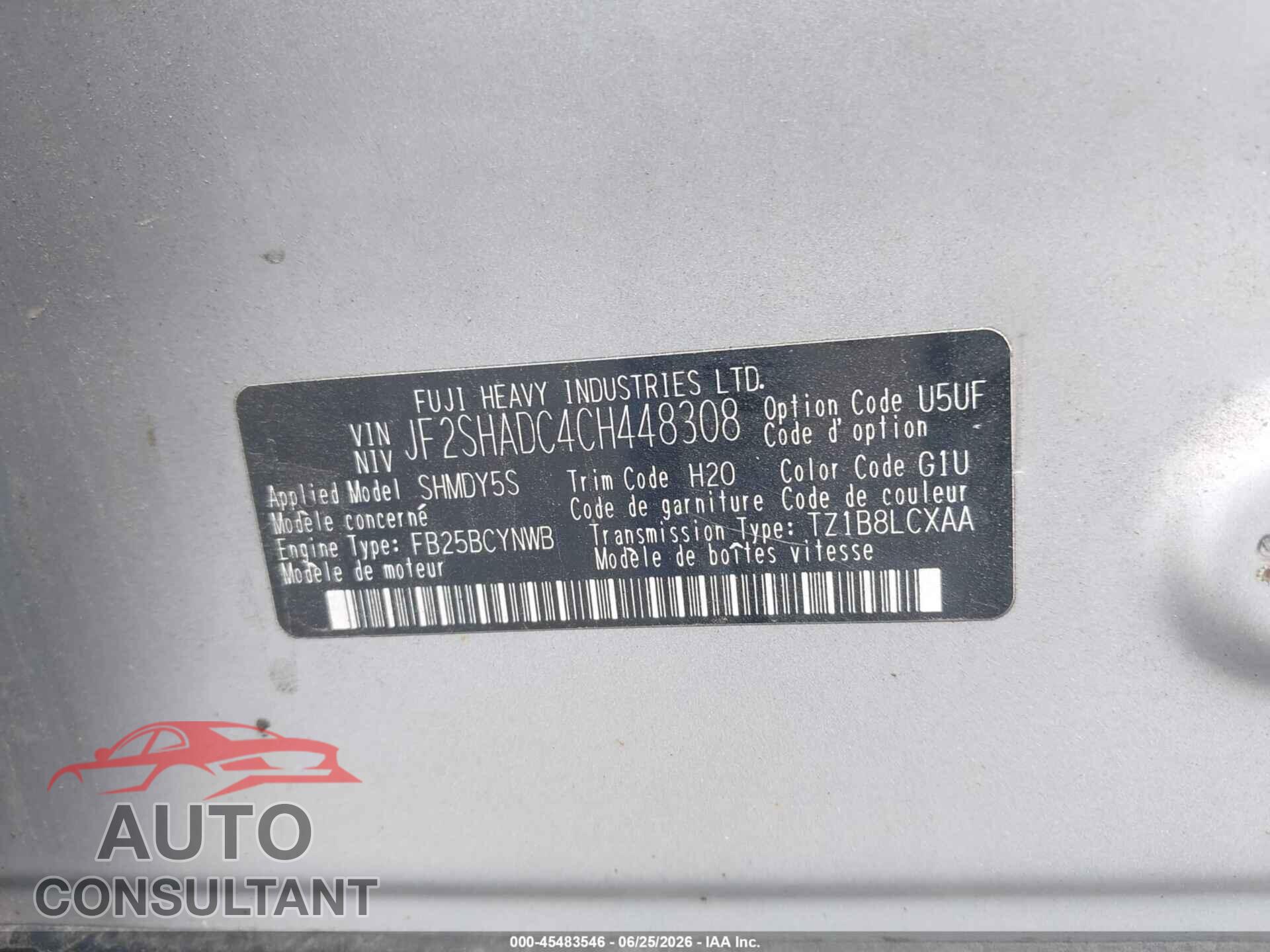 SUBARU FORESTER 2012 - JF2SHADC4CH448308