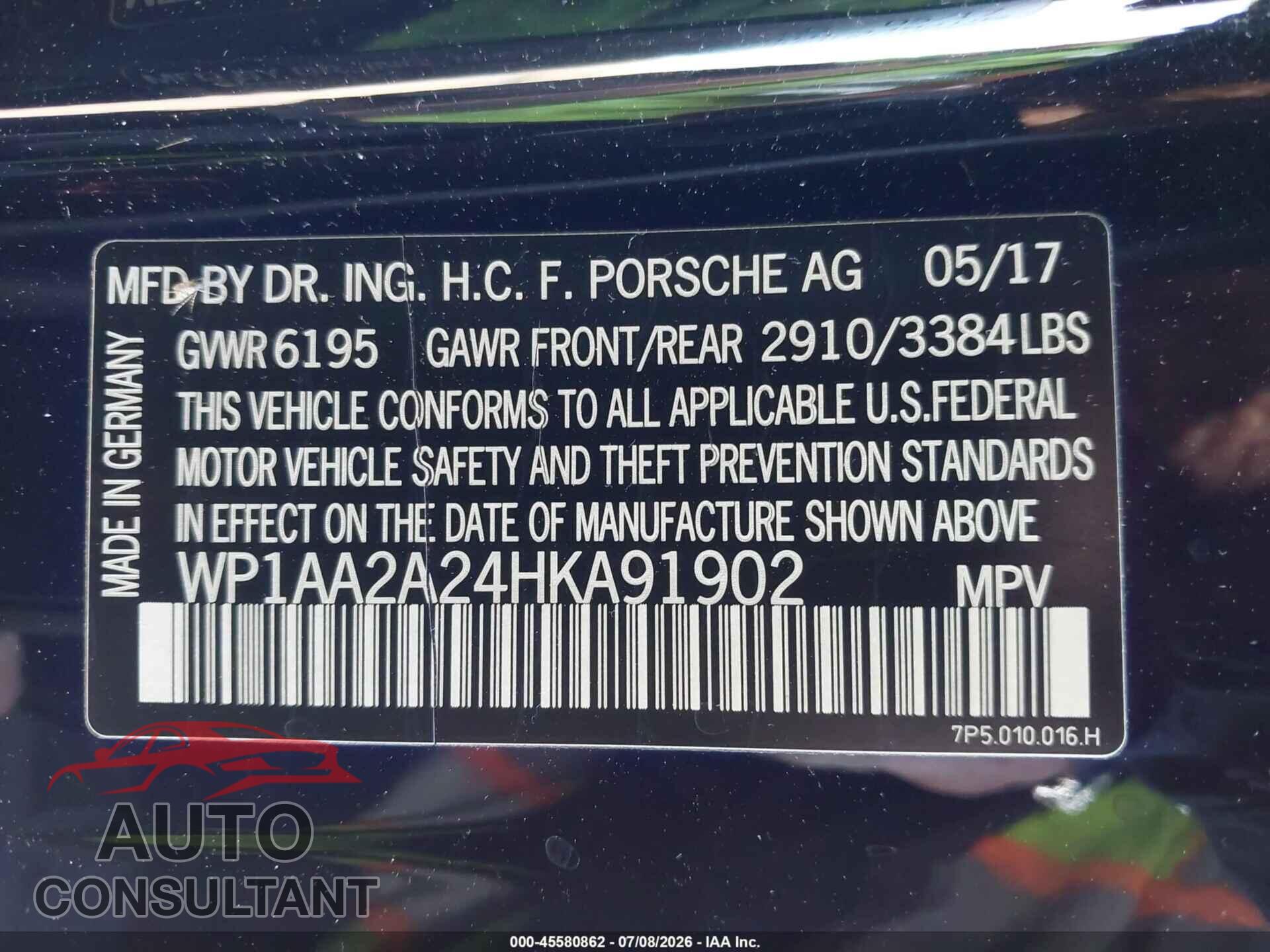 PORSCHE CAYENNE 2017 - WP1AA2A24HKA91902