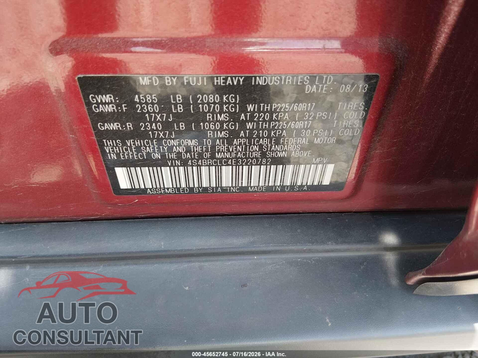 SUBARU OUTBACK 2014 - 4S4BRCLC4E3220782