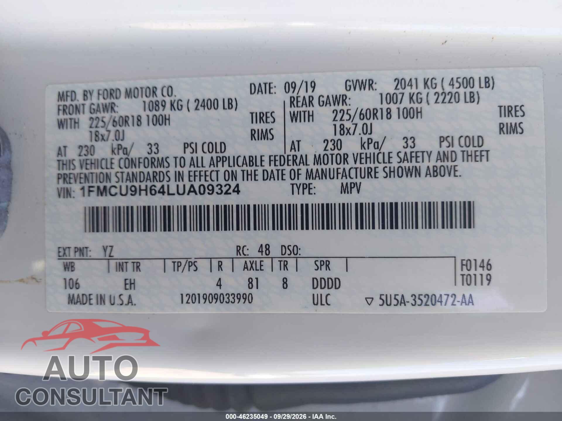 FORD ESCAPE 2020 - 1FMCU9H64LUA09324