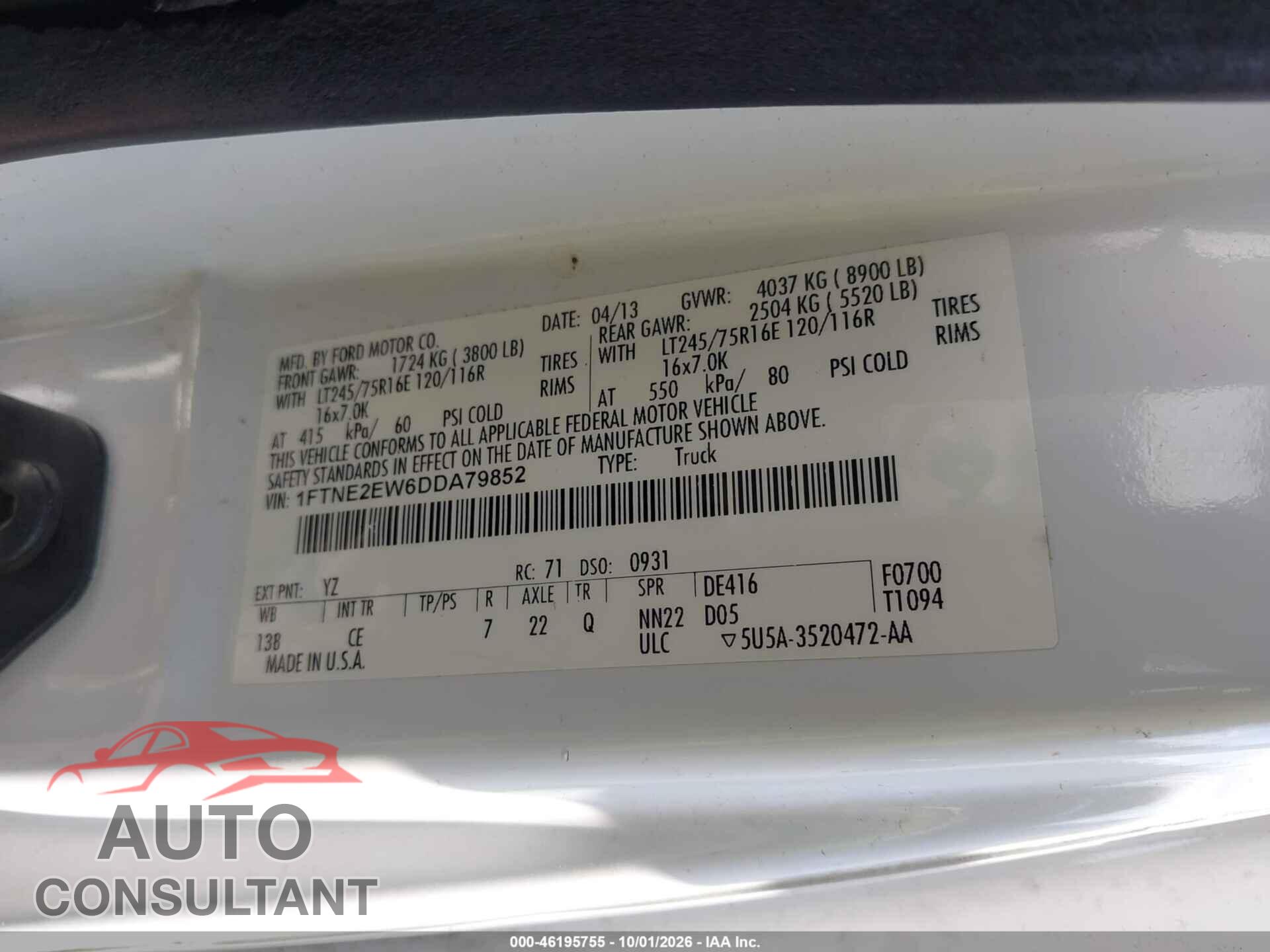 FORD ECONOLINE 2013 - 1FTNE2EW6DDA79852