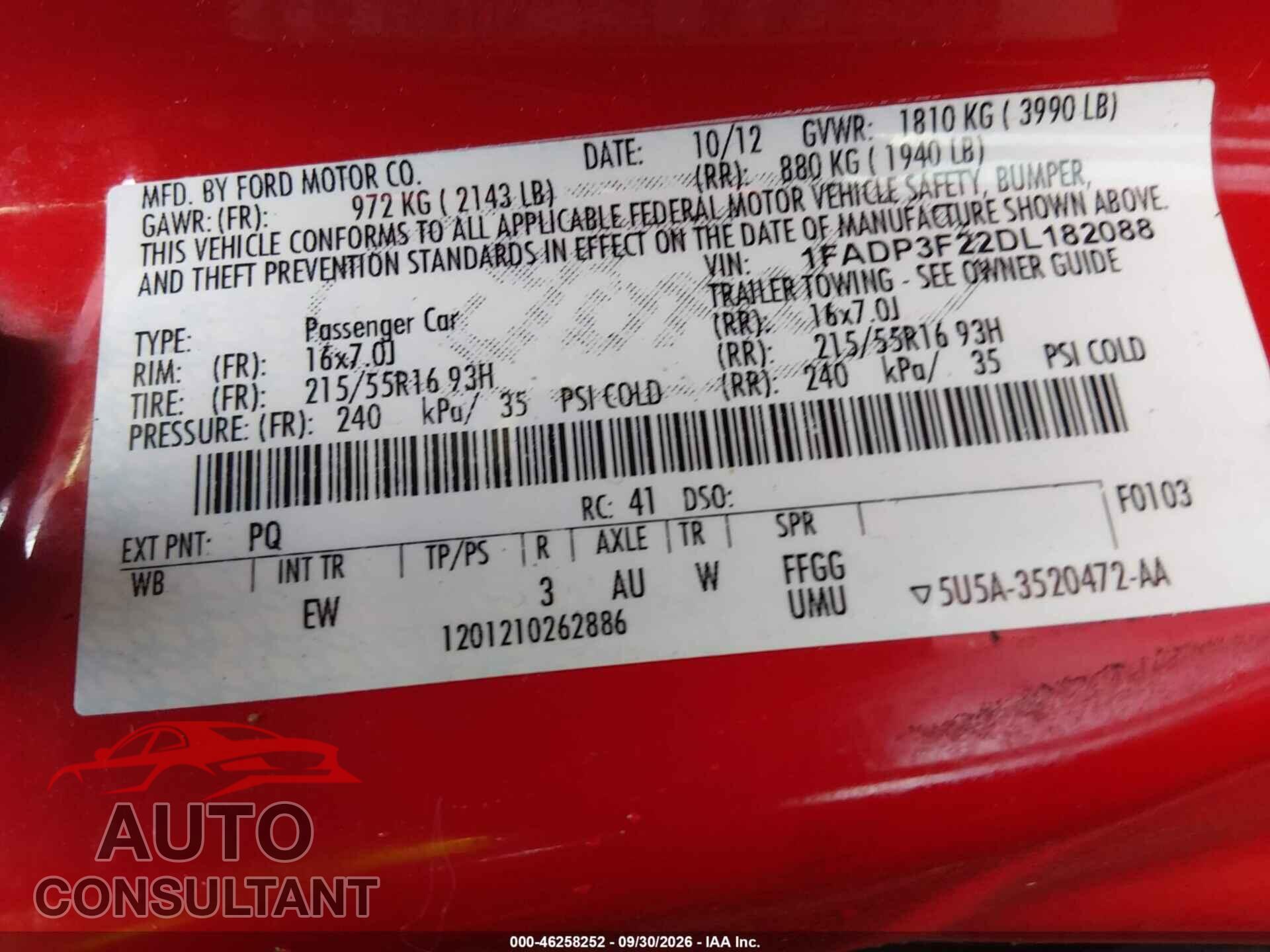 FORD FOCUS 2013 - 1FADP3F22DL182088