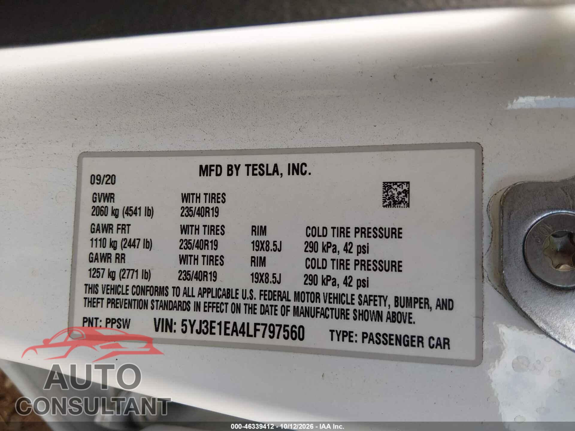 TESLA MODEL 3 2020 - 5YJ3E1EA4LF797560