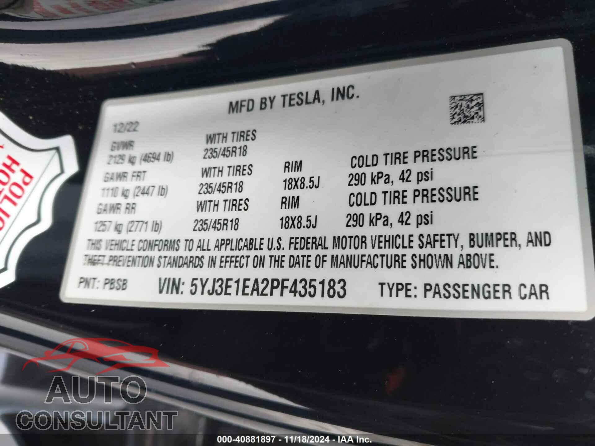 TESLA MODEL 3 2023 - 5YJ3E1EA2PF435183