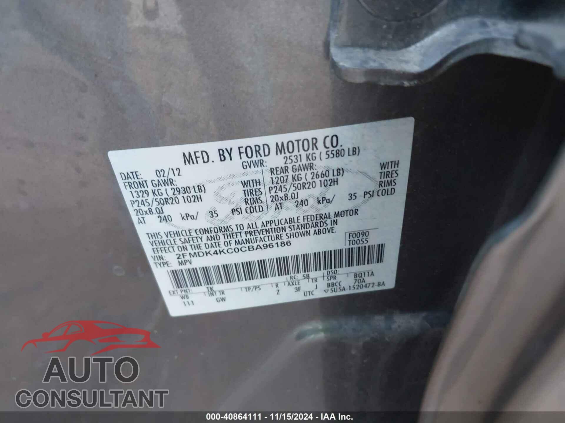FORD EDGE 2012 - 2FMDK4KC0CBA96186