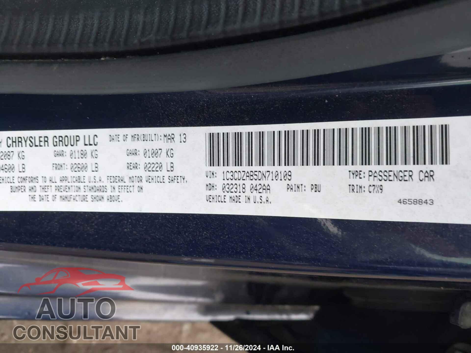 DODGE AVENGER 2013 - 1C3CDZAB5DN710109