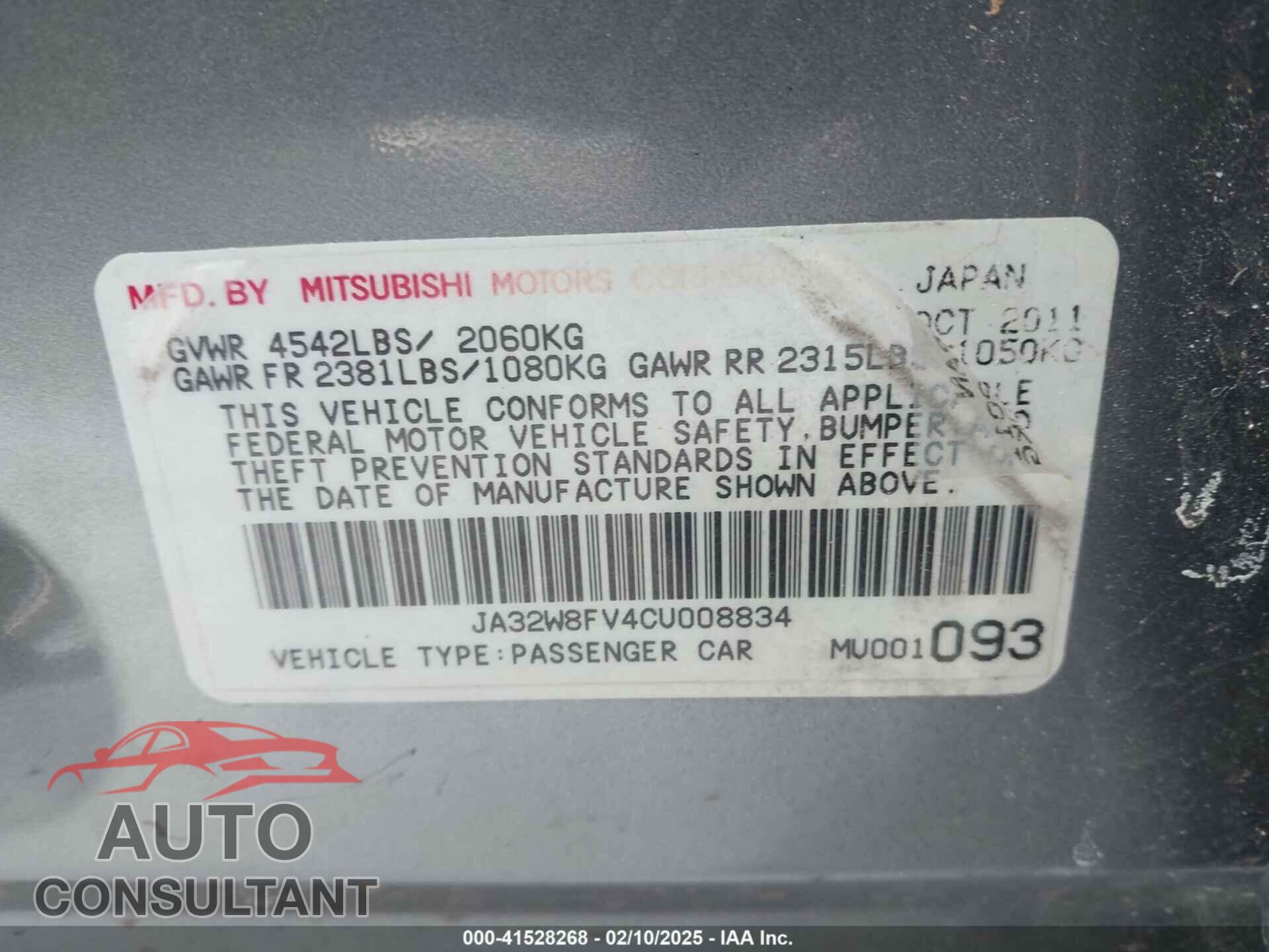 MITSUBISHI LANCER EVOLUTION 2012 - JA32W8FV4CU008834